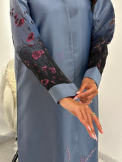 C 1051 Beaded Printed Blue Abaya