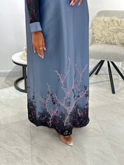 C 1051 Beaded Printed Blue Abaya