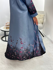 C 1051 Beaded Printed Blue Abaya