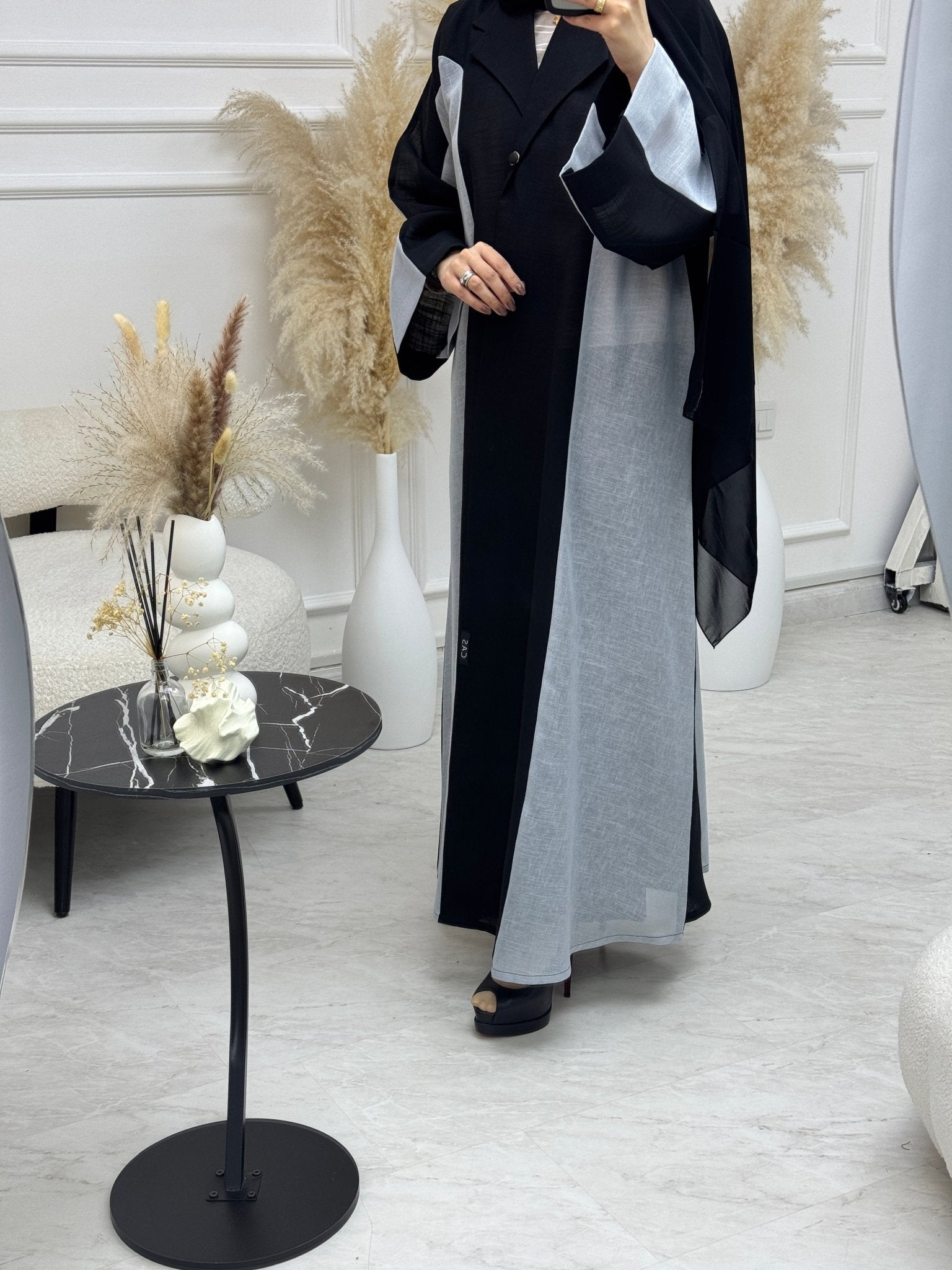 C 1076 Black Grey Coat Abaya