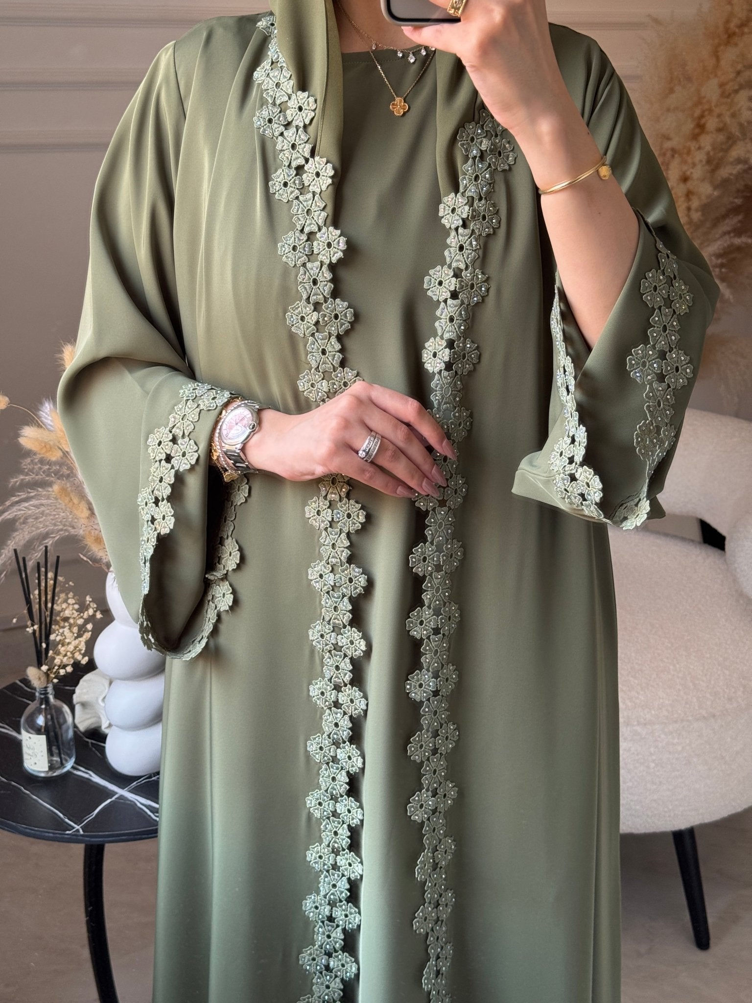 sage green abaya dress Premium Signature Pleated Bell Sleeve Open Abaya Sage - Polyester - Green - Adult - 58