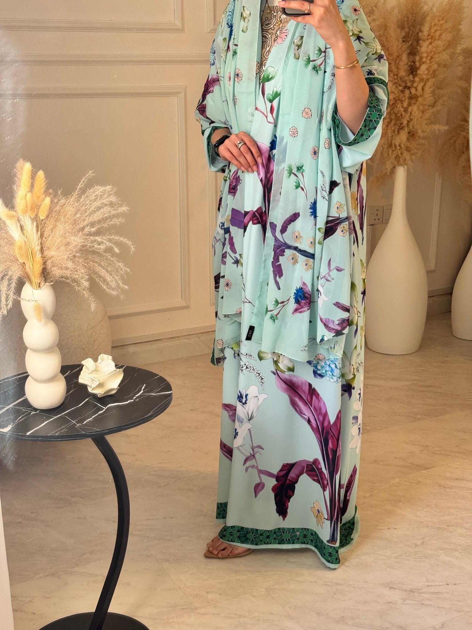C 1208 Green Printed Abaya