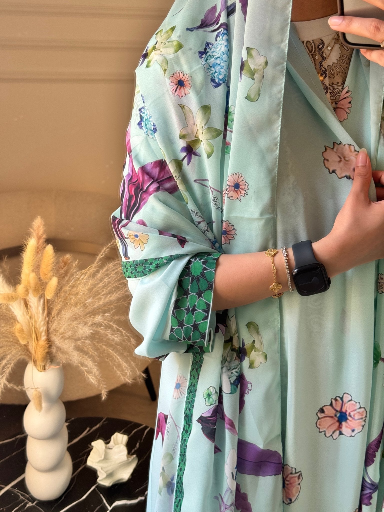 C 1208 Green Printed Abaya