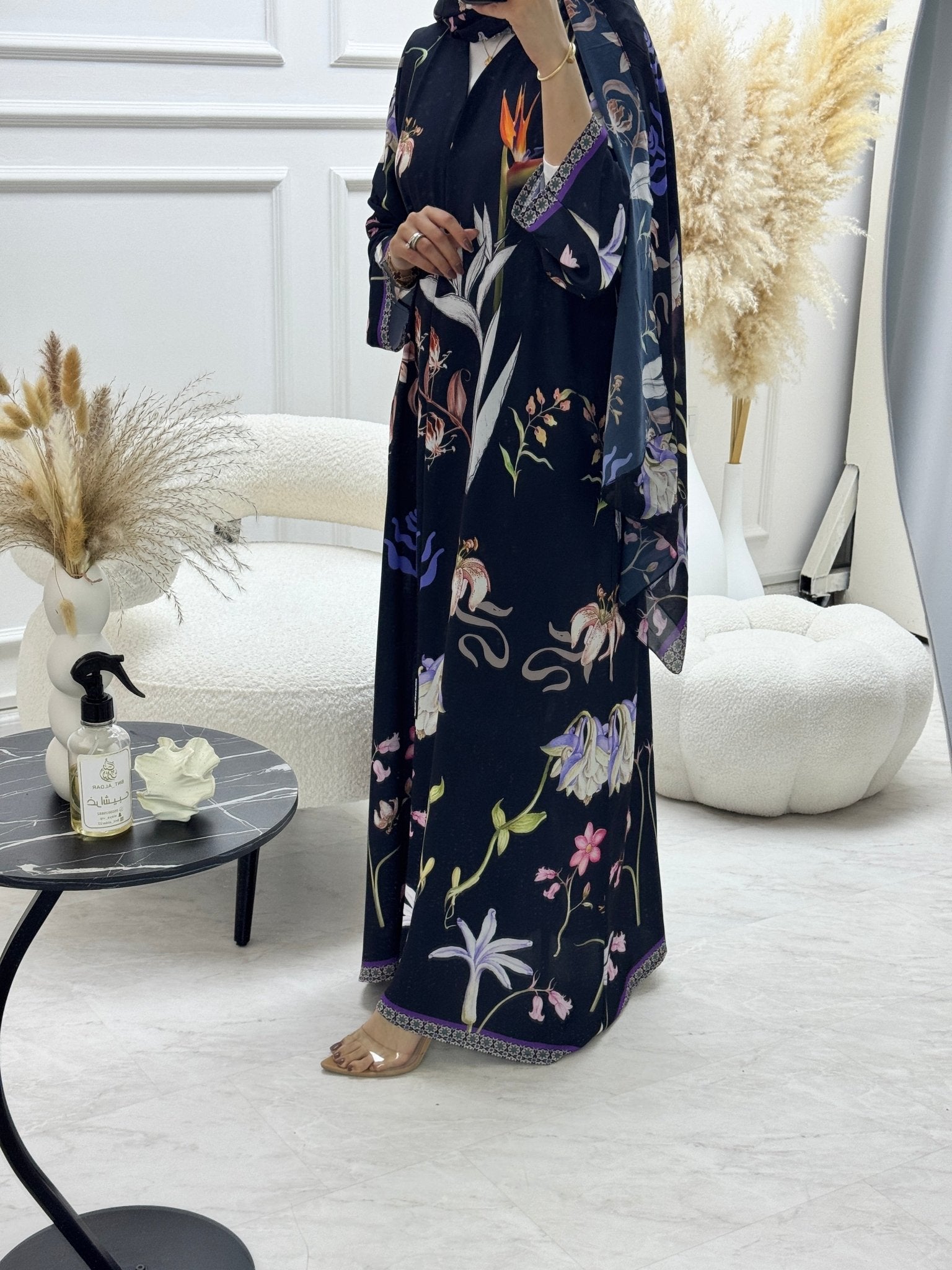 C 1247 Black Floral Printed Abaya