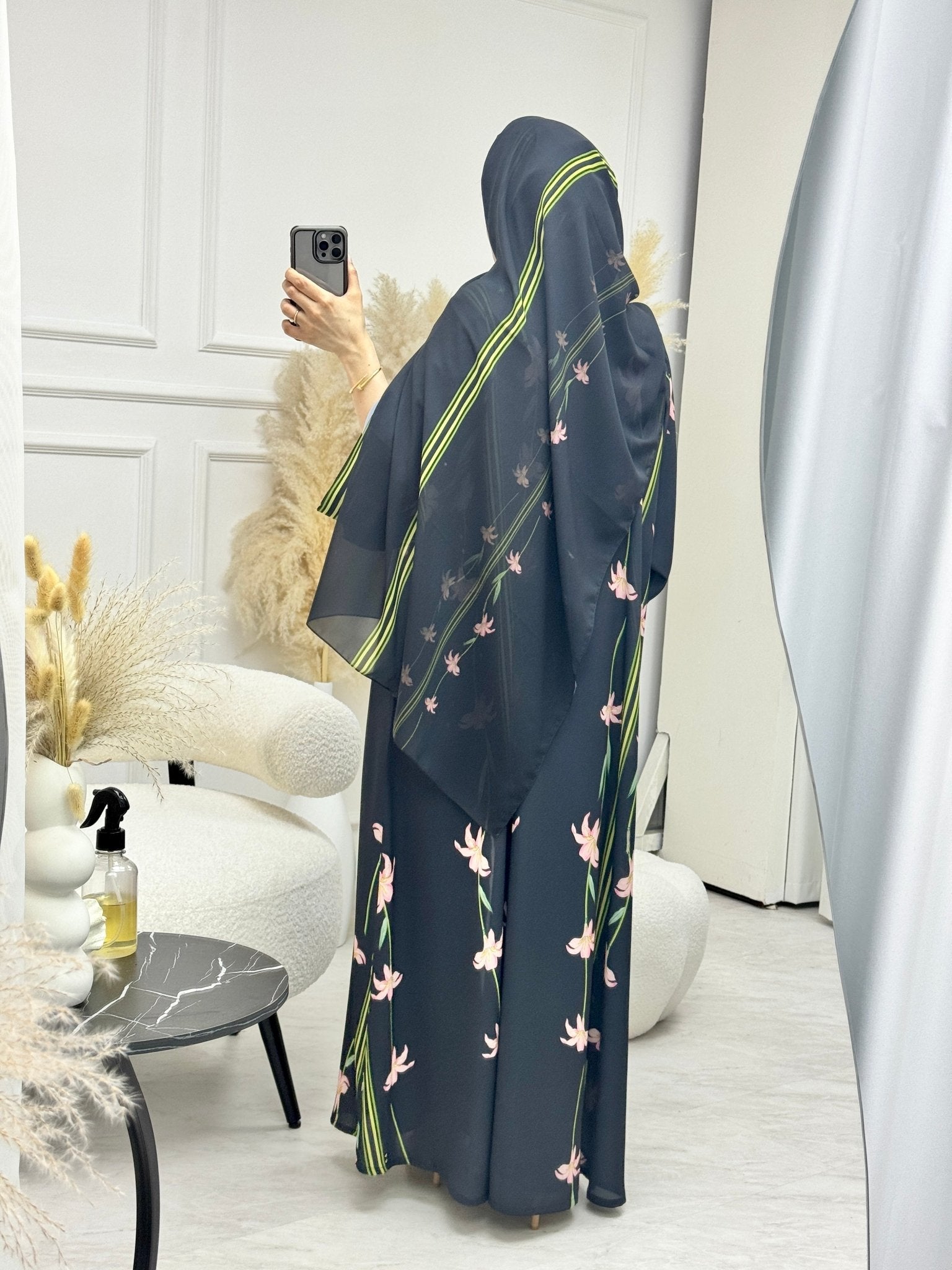 C 1254 Black Lily Printed Abaya