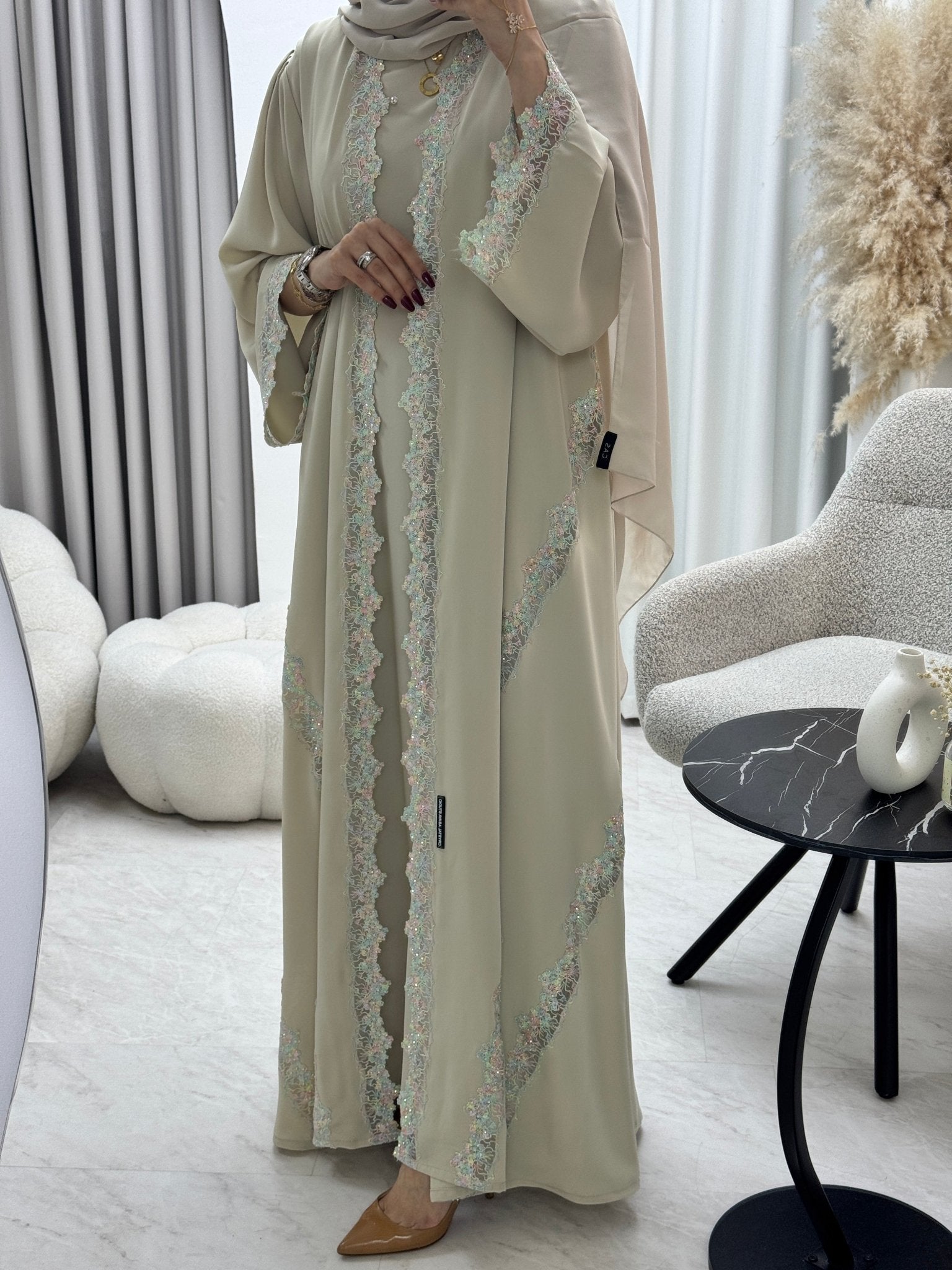 C 1287 Cream Floral Abaya