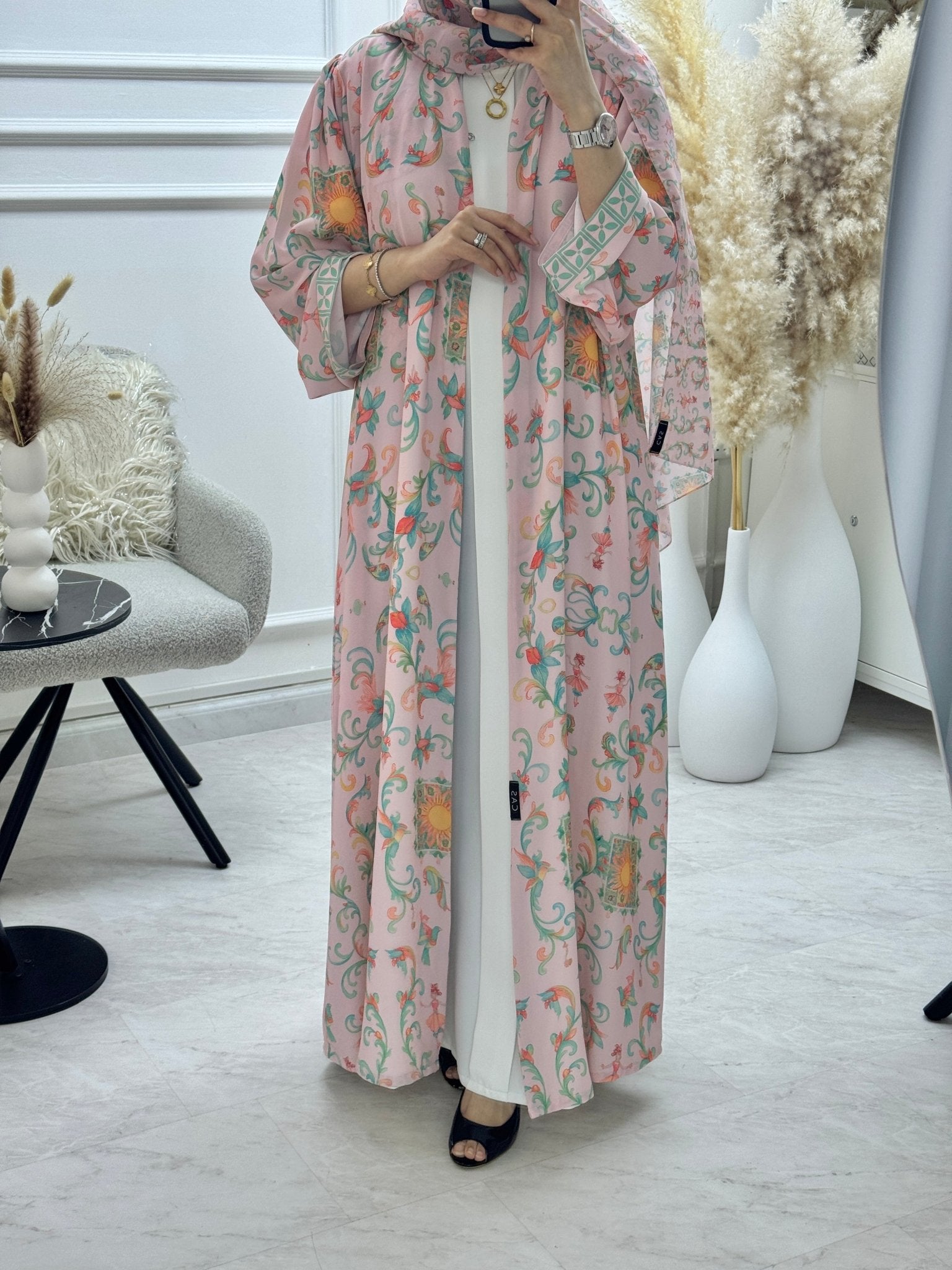 C 1293 Pink Green Floral Printed Abaya