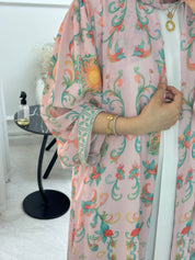 C 1293 Pink Green Floral Printed Abaya