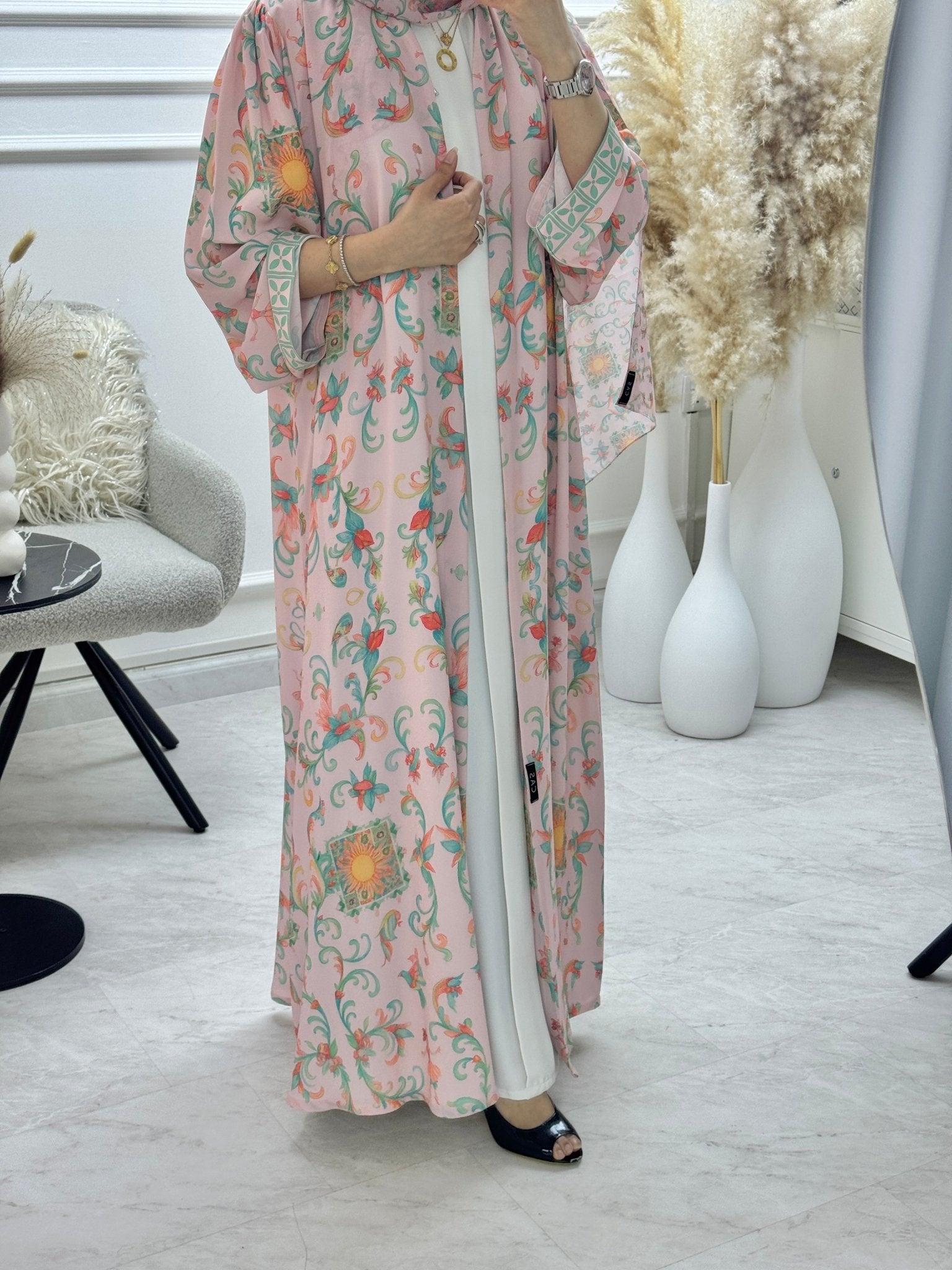 C 1293 Pink Green Floral Printed Abaya