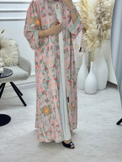 C 1293 Pink Green Floral Printed Abaya