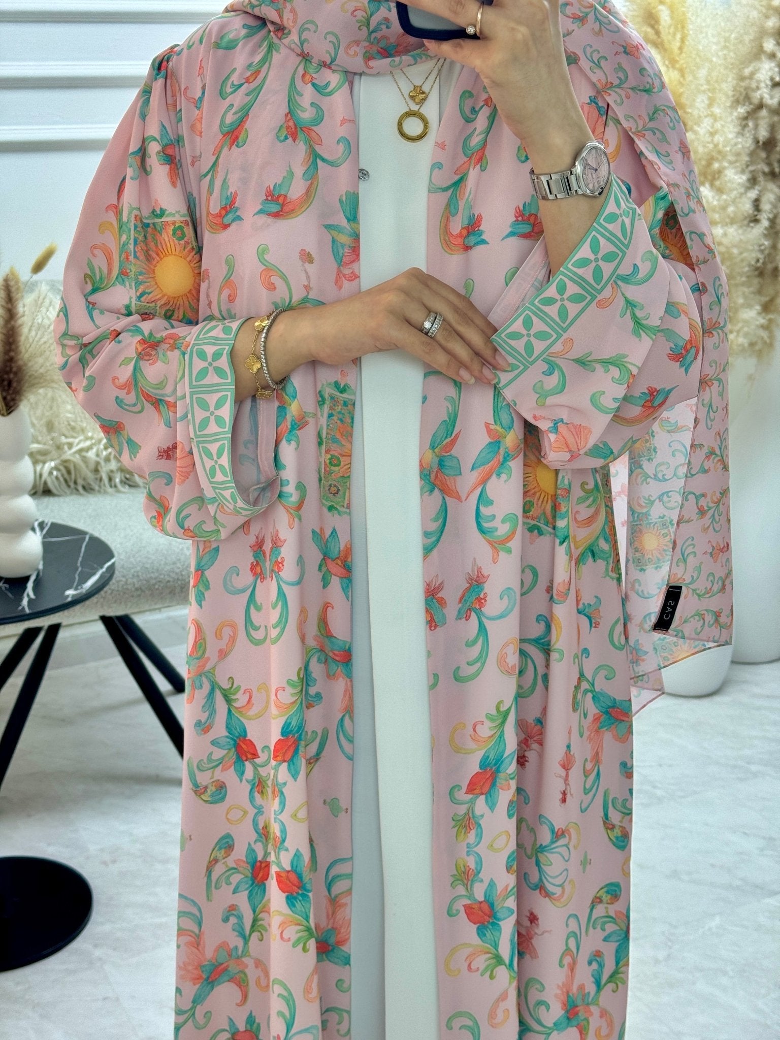 C 1293 Pink Green Floral Printed Abaya