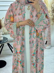 C 1293 Pink Green Floral Printed Abaya
