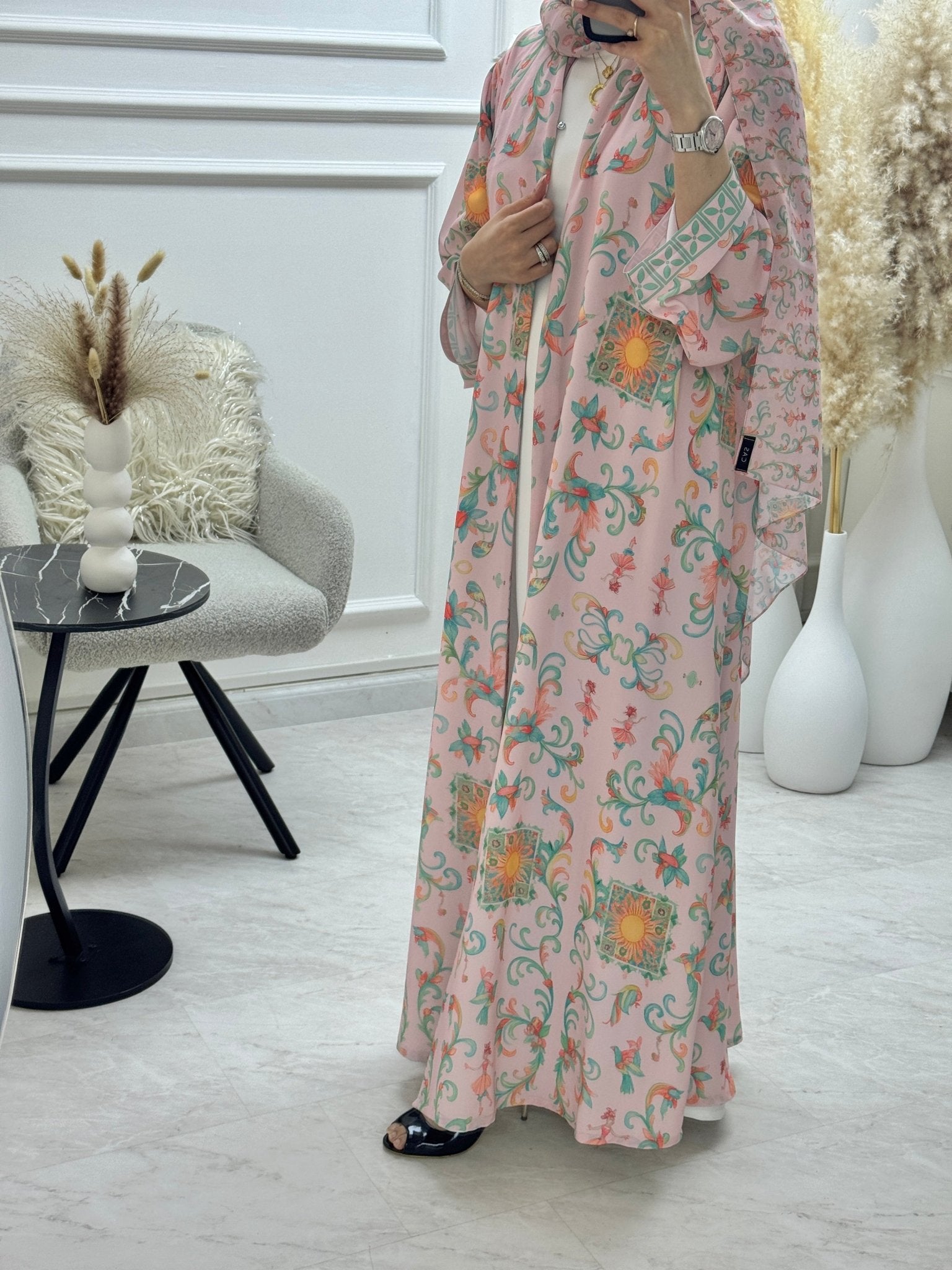 C 1293 Pink Green Floral Printed Abaya