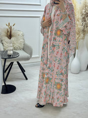 C 1293 Pink Green Floral Printed Abaya