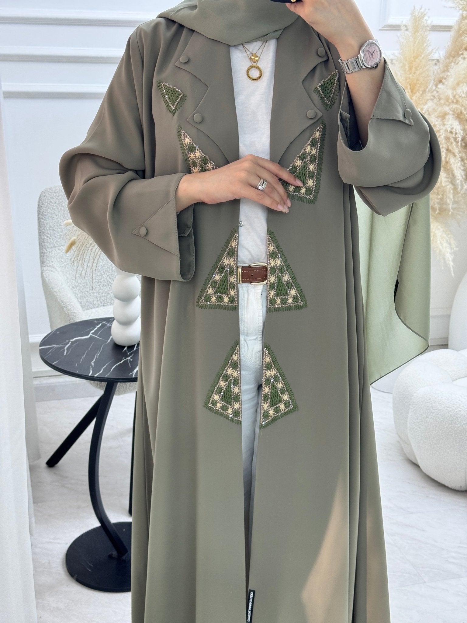 C 1326 Olive Green Embroidered Abaya