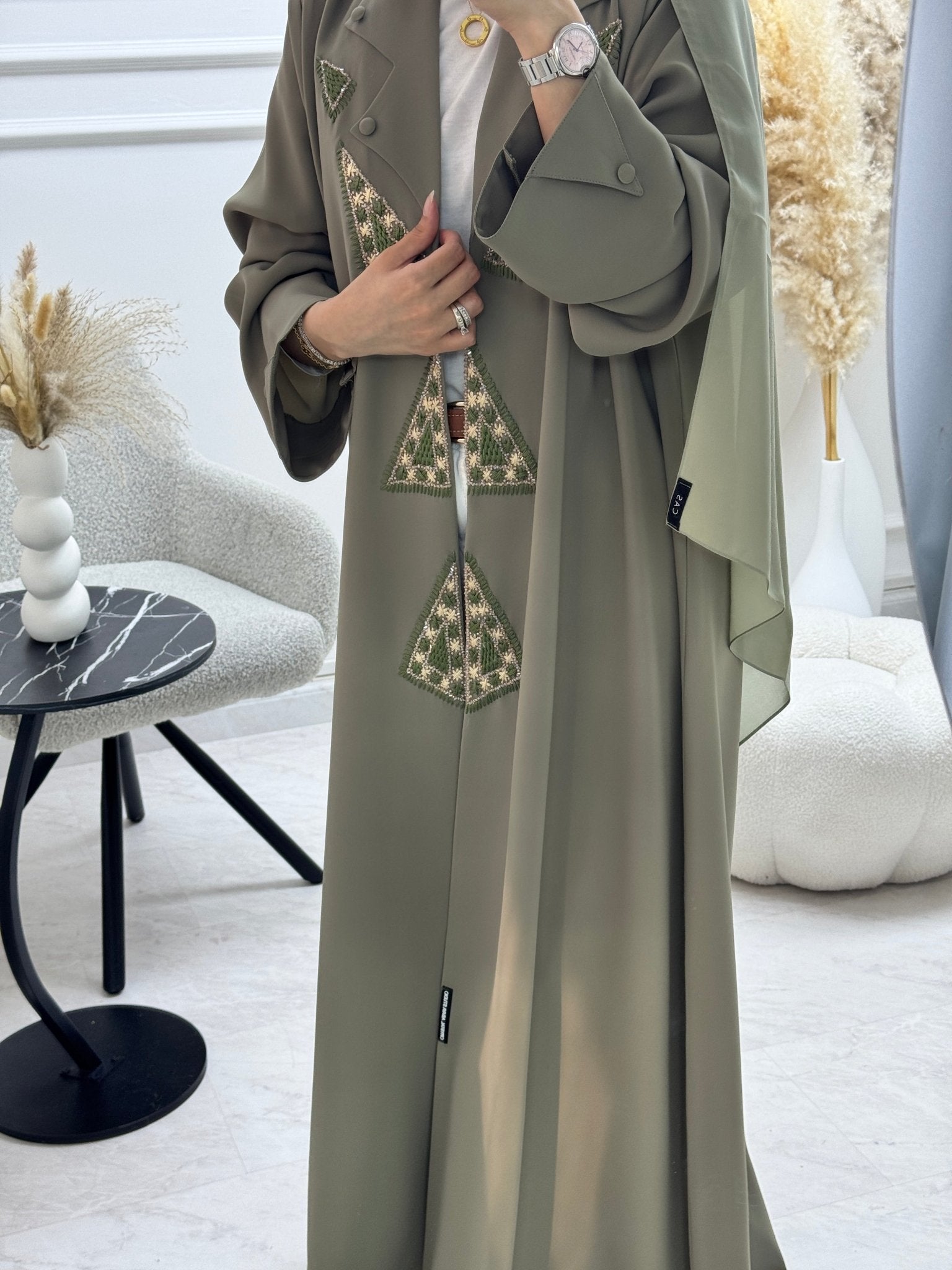 C 1326 Olive Green Embroidered Abaya