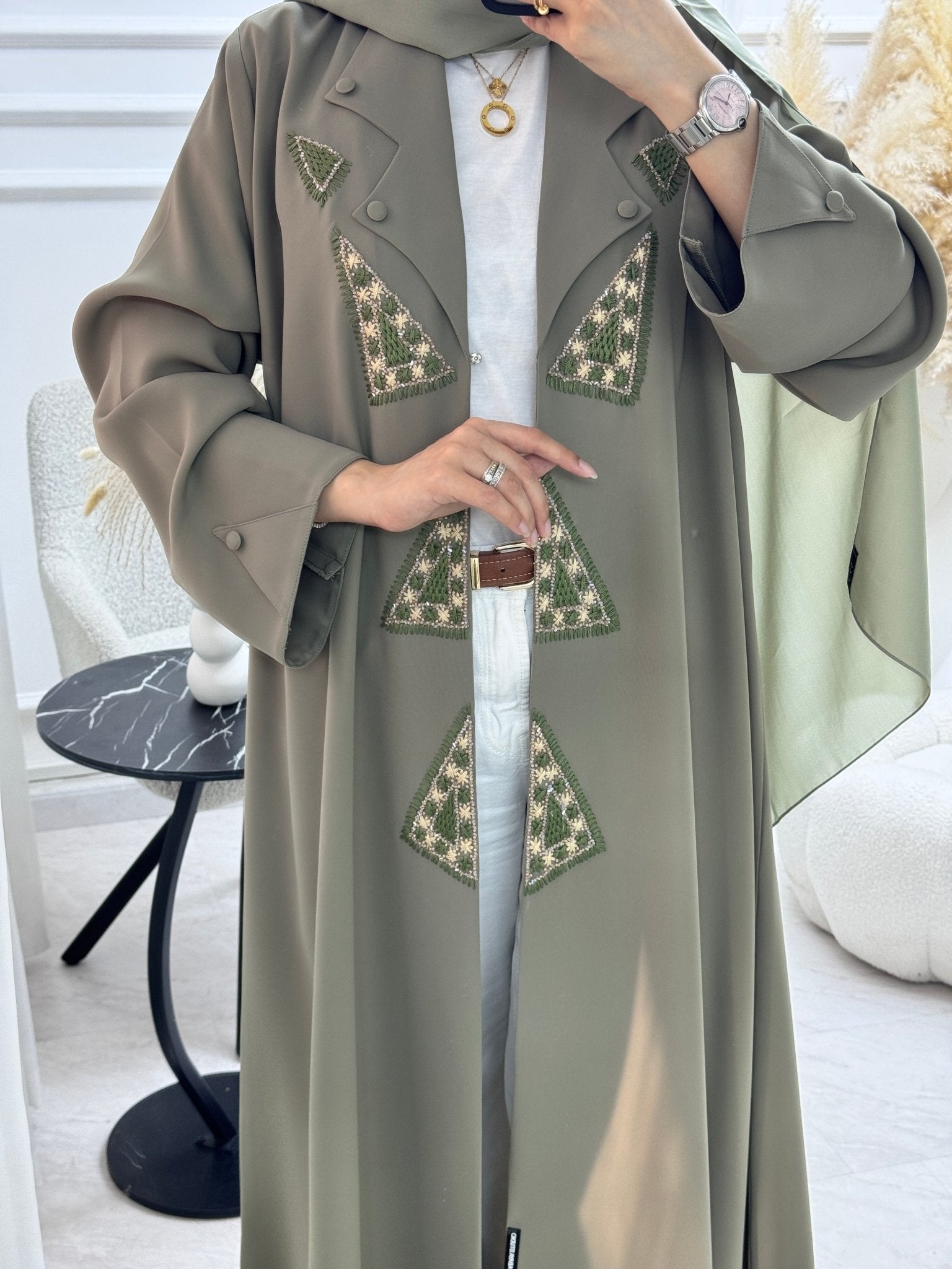 C 1326 Olive Green Embroidered Abaya