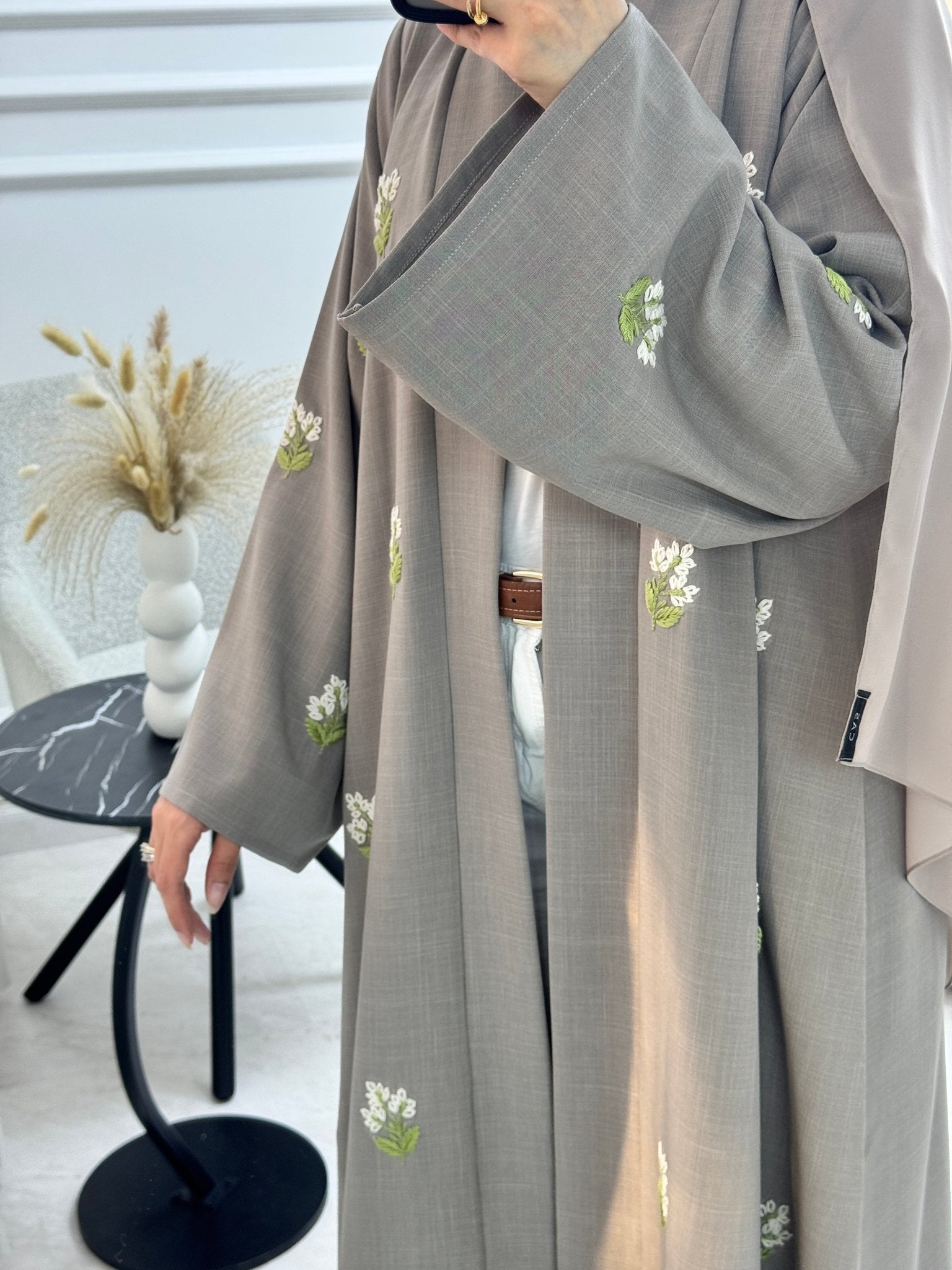C 1328 Taupe Floral Embroidered Abaya