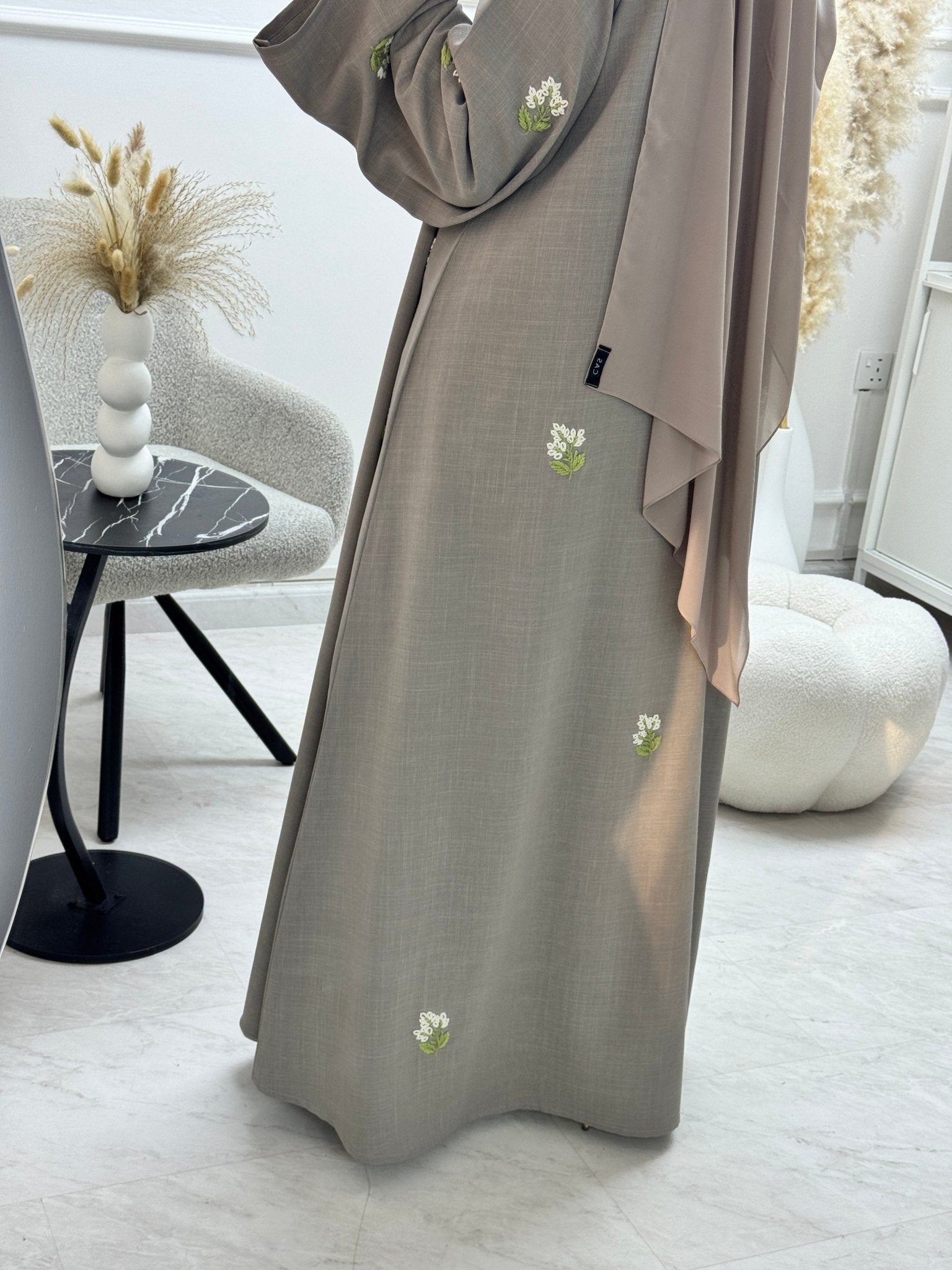 C 1328 Taupe Floral Embroidered Abaya