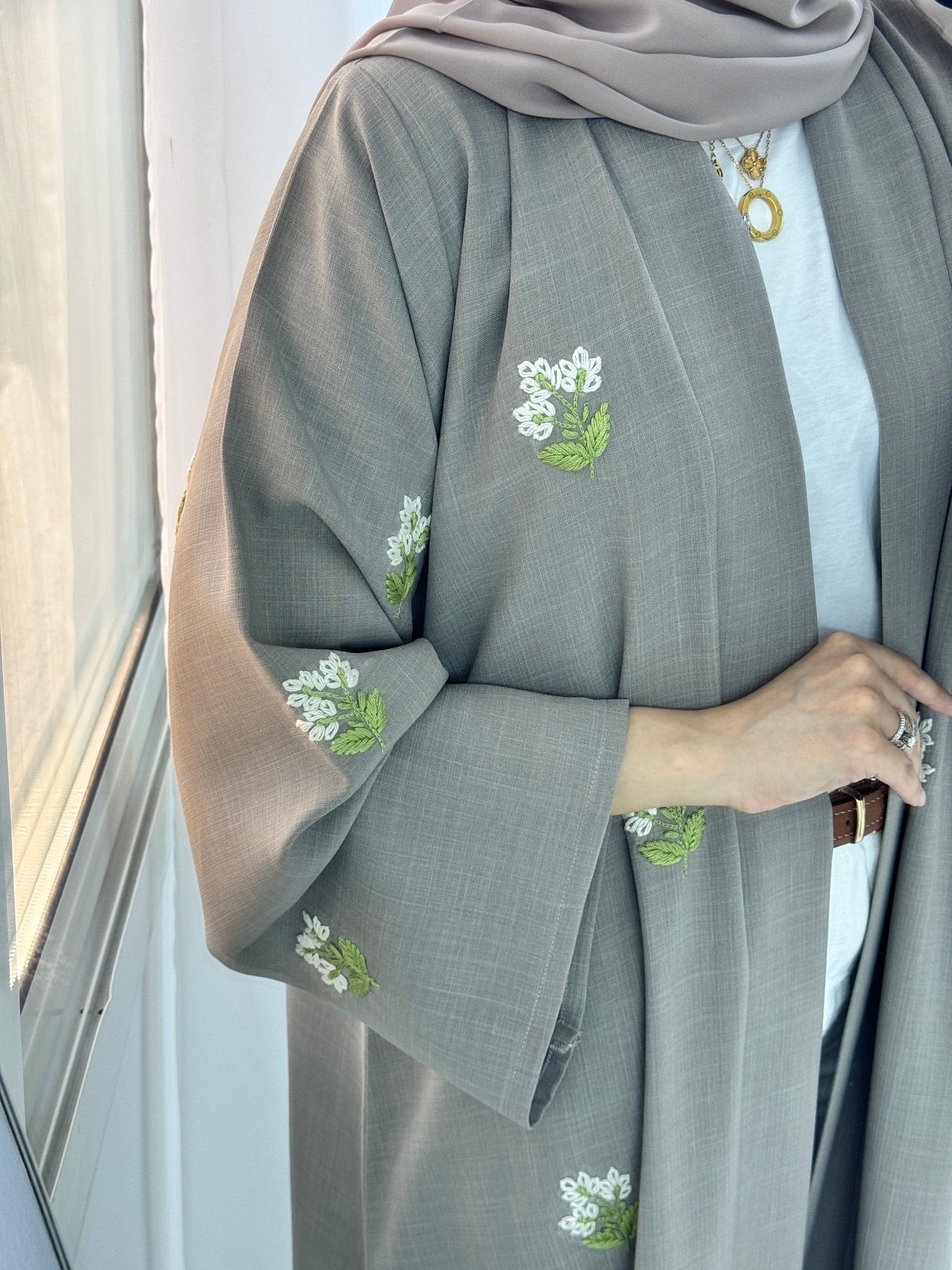 C 1328 Taupe Floral Embroidered Abaya