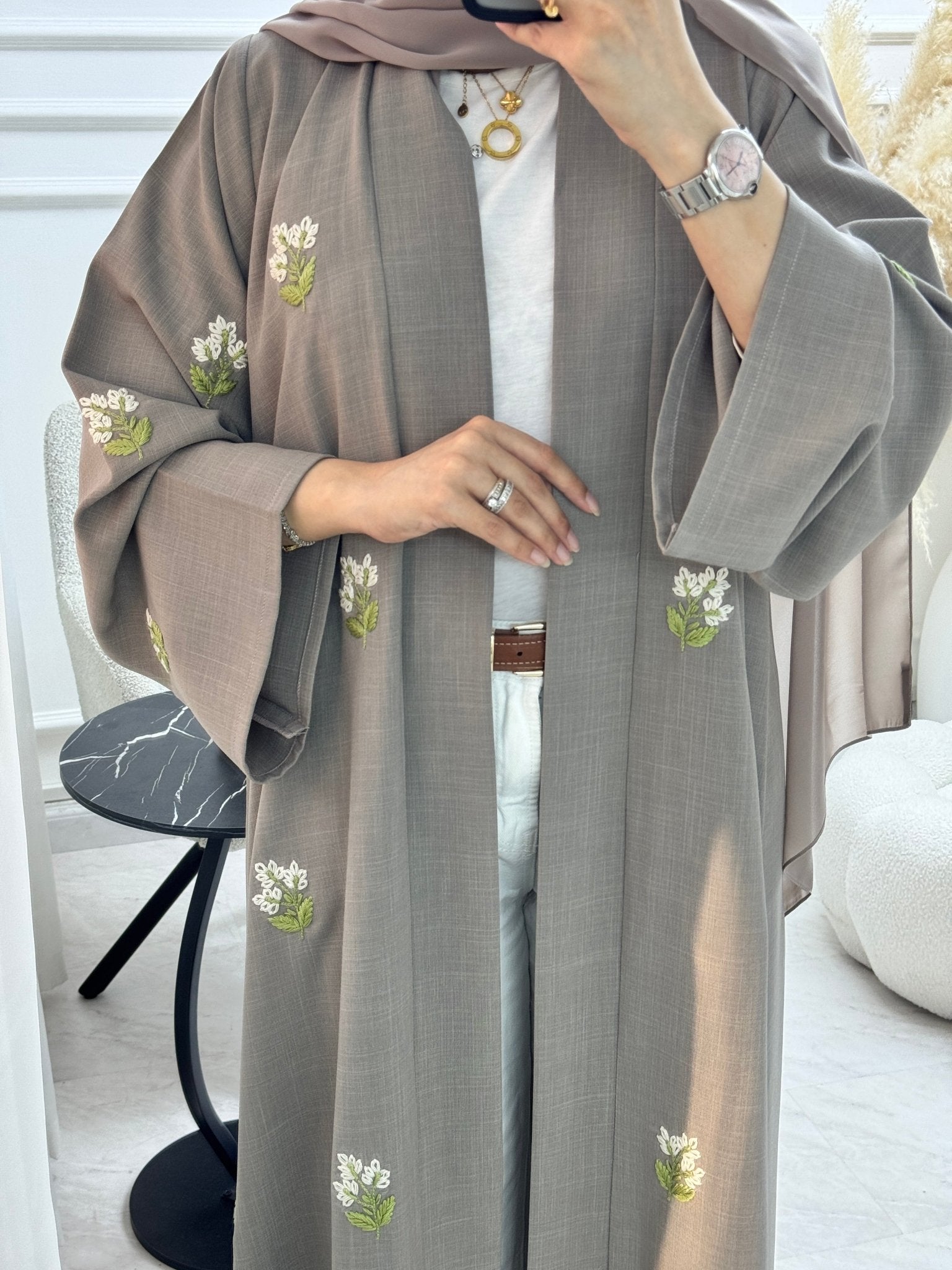C 1328 Taupe Floral Embroidered Abaya