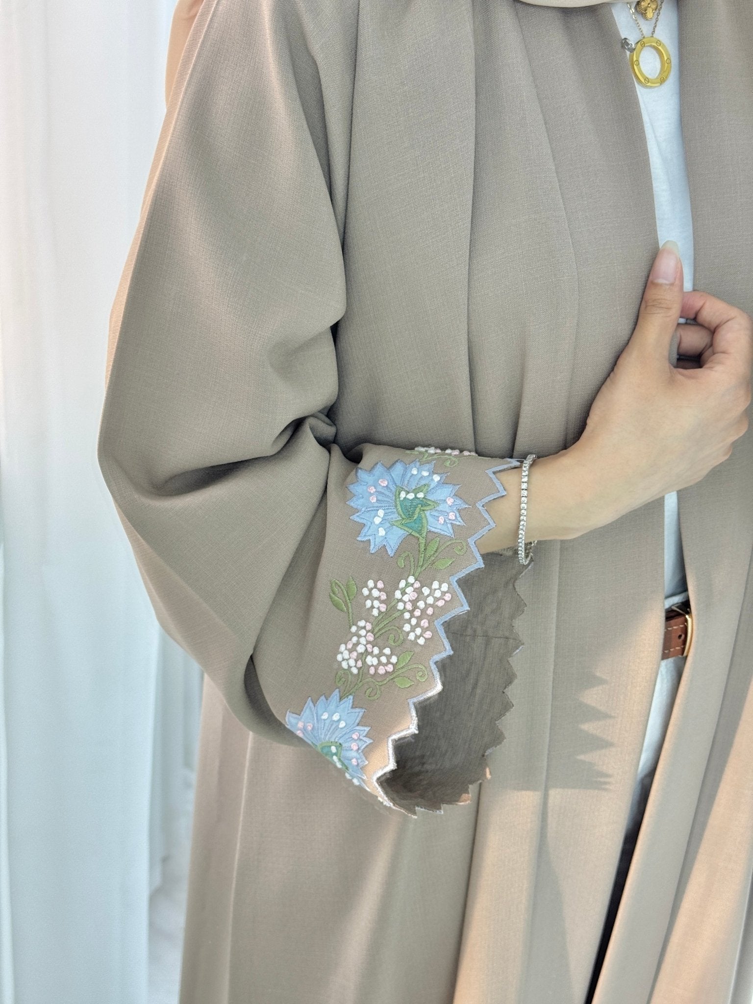 C 1329 Tan Floral Embroidered Abaya