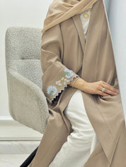 C 1329 Tan Floral Embroidered Abaya