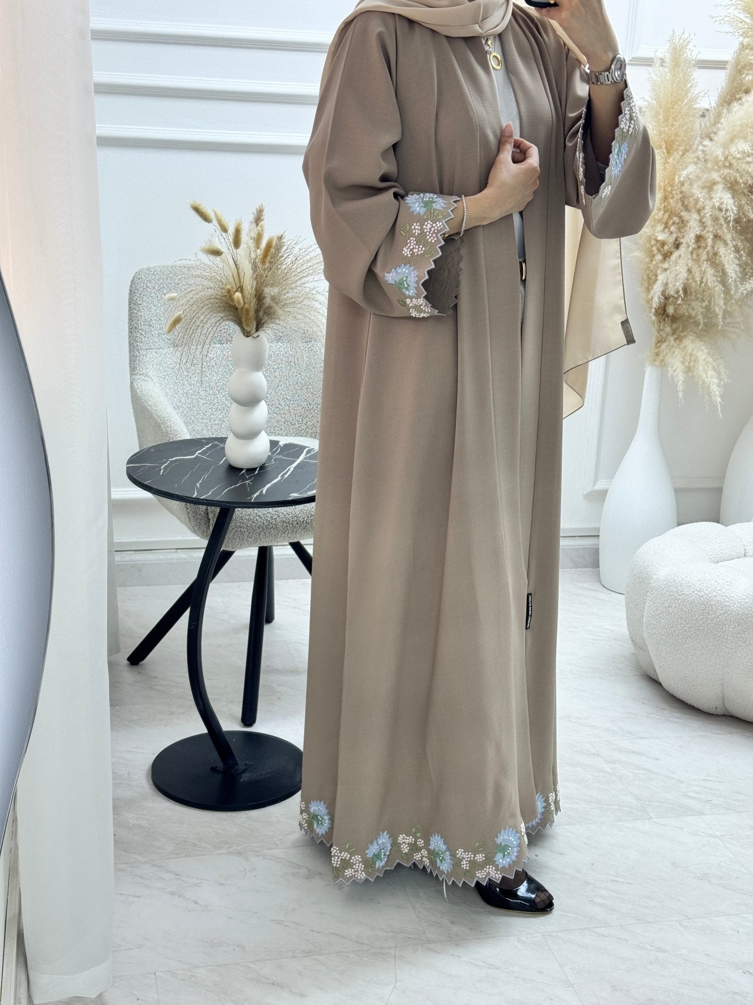 C 1329 Tan Floral Embroidered Abaya