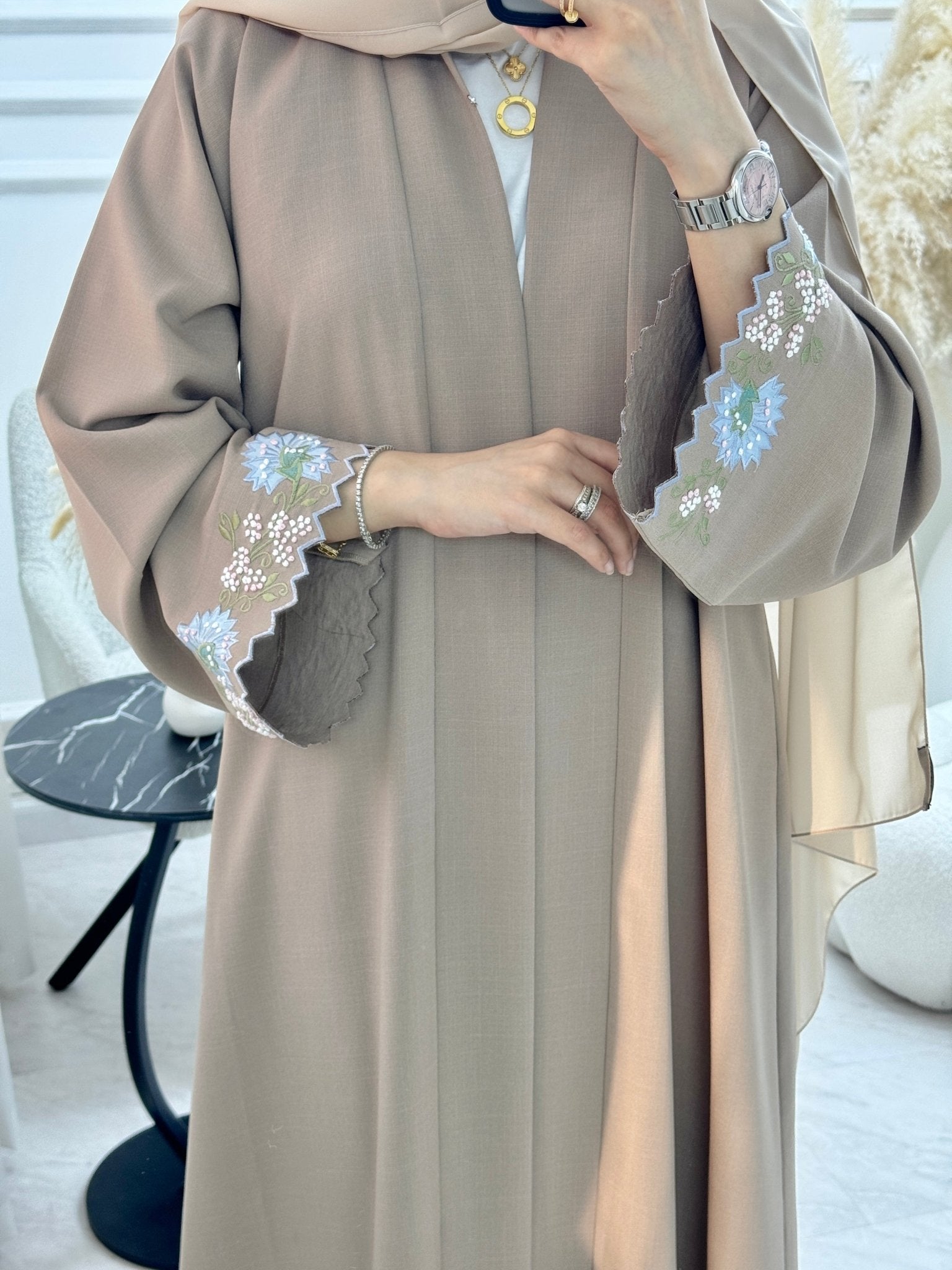 C 1329 Tan Floral Embroidered Abaya C 1329 Tan Floral Embroidered Abaya