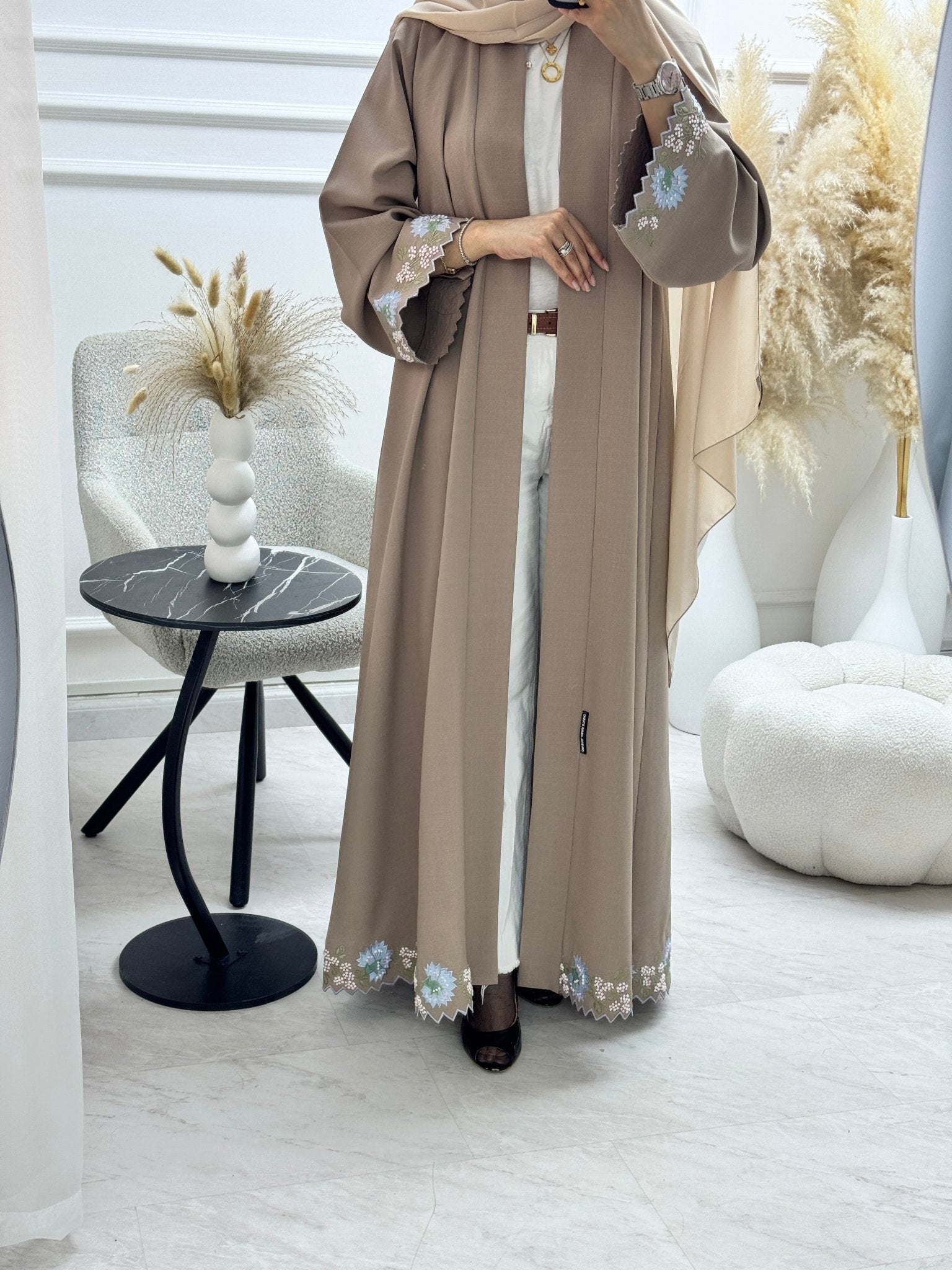 C 1329 Tan Floral Embroidered Abaya