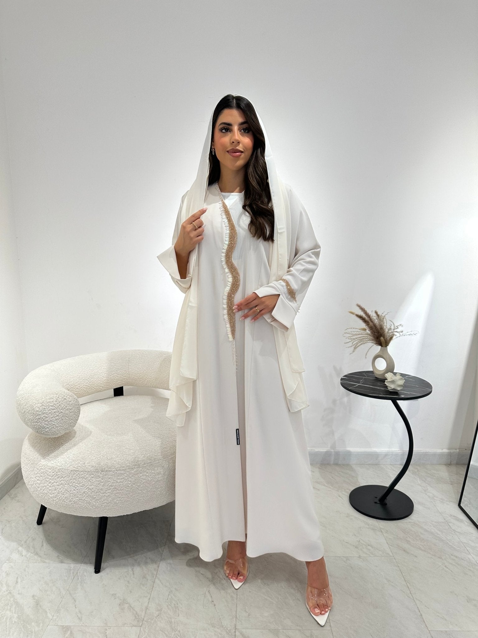 C 1343 Ivory Beaded Abaya