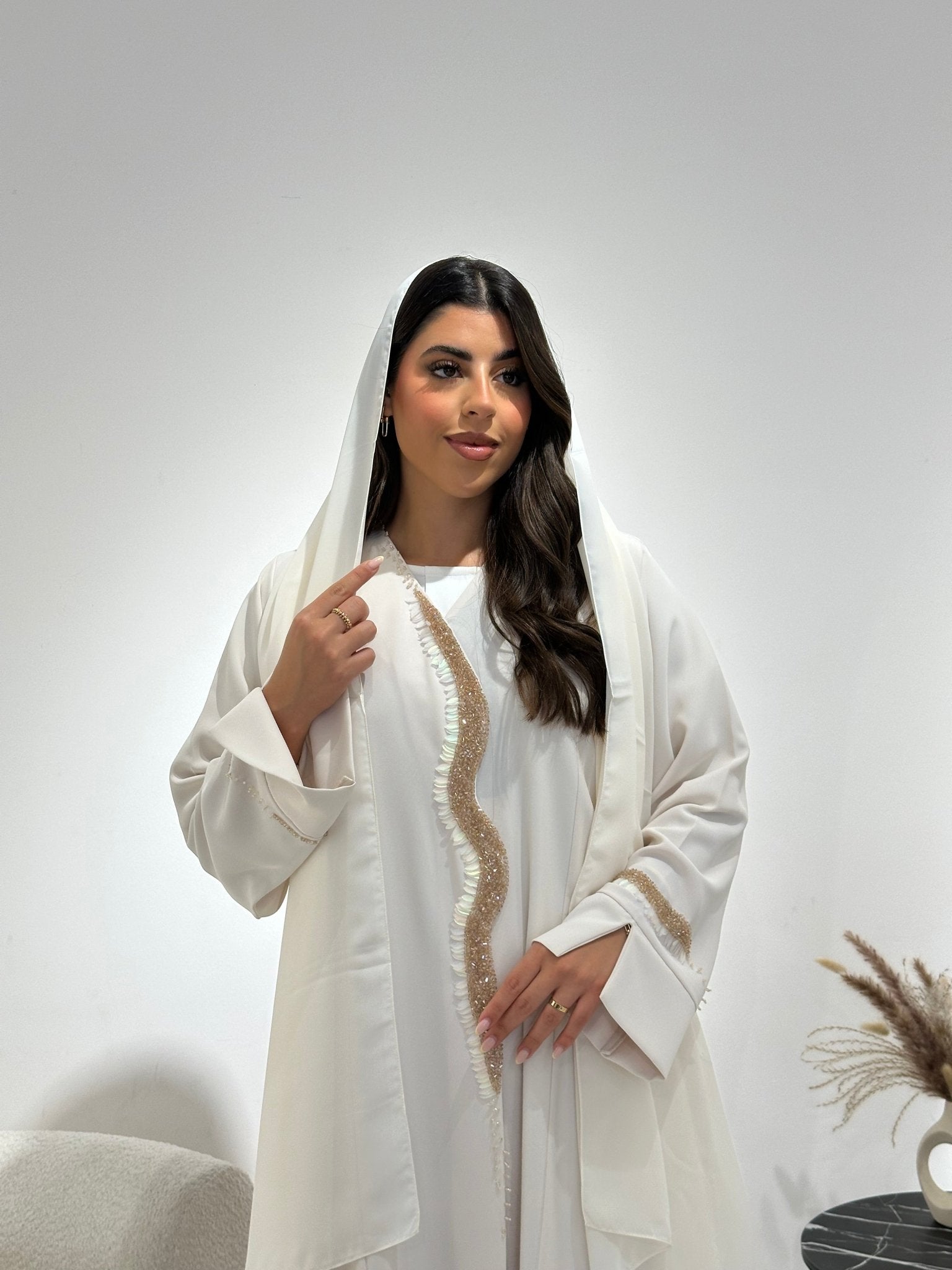 C 1343 Ivory Beaded Abaya