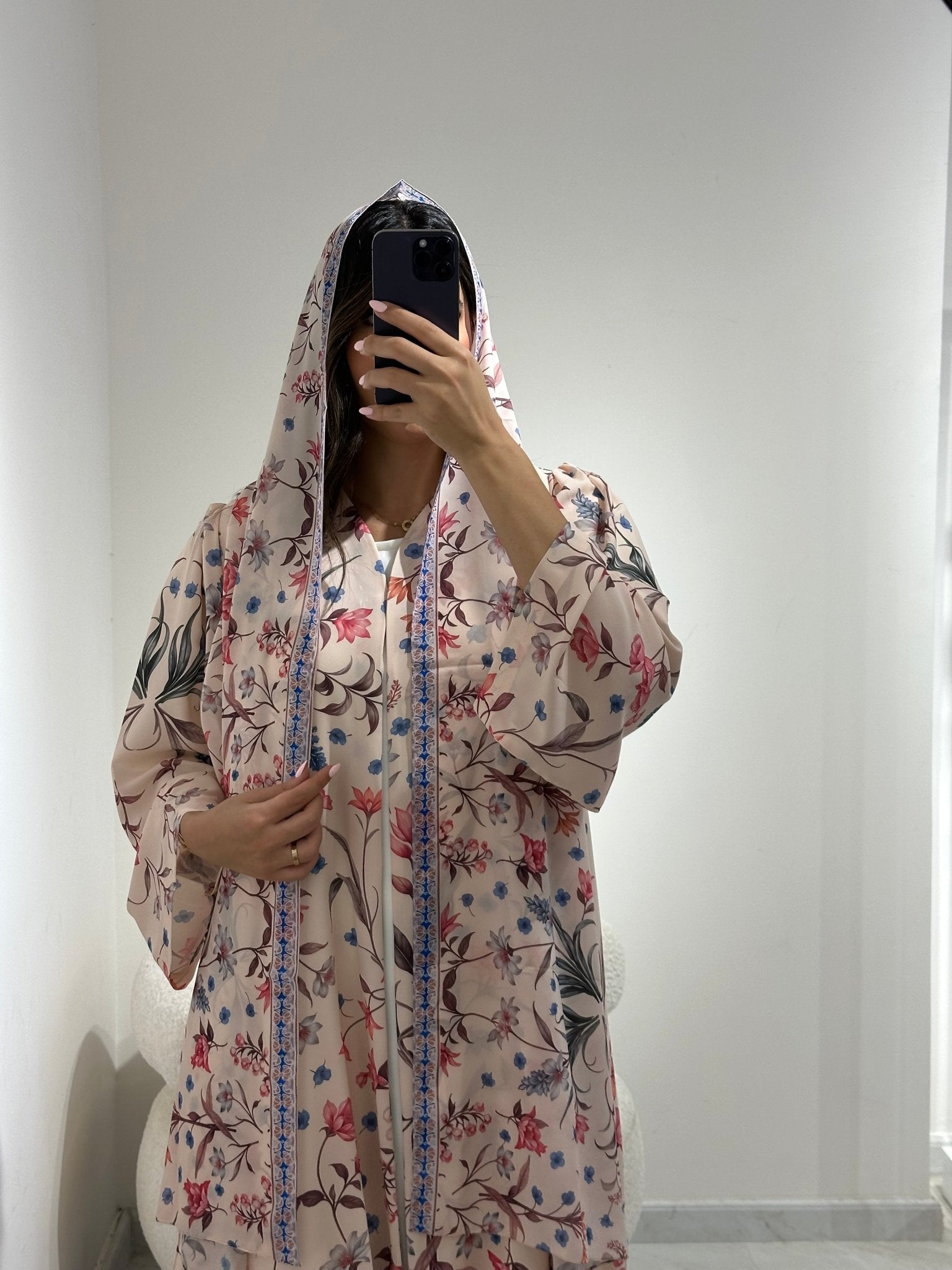 C 1374 Beige Floral Printed Abaya