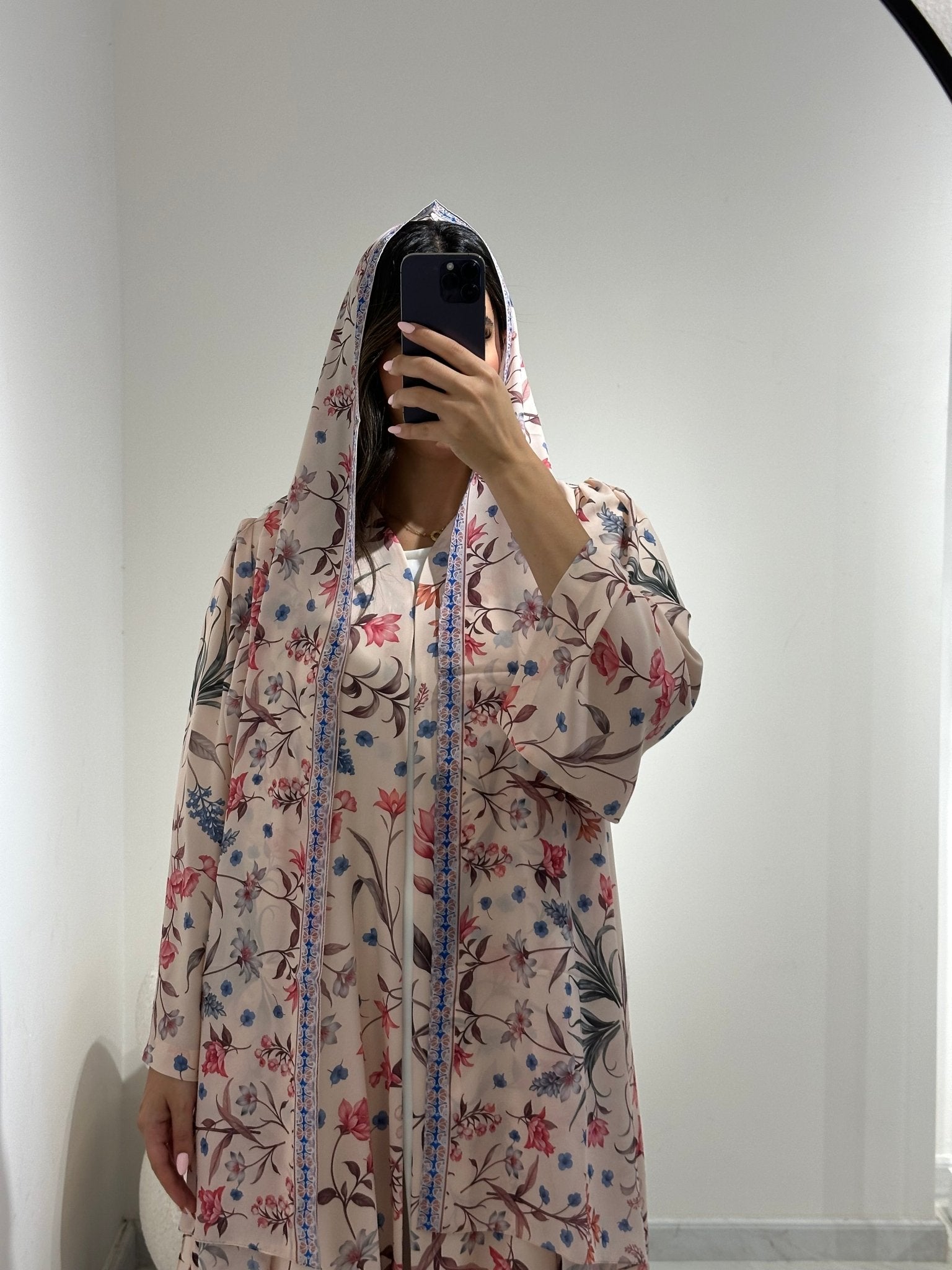 C 1374 Beige Floral Printed Abaya