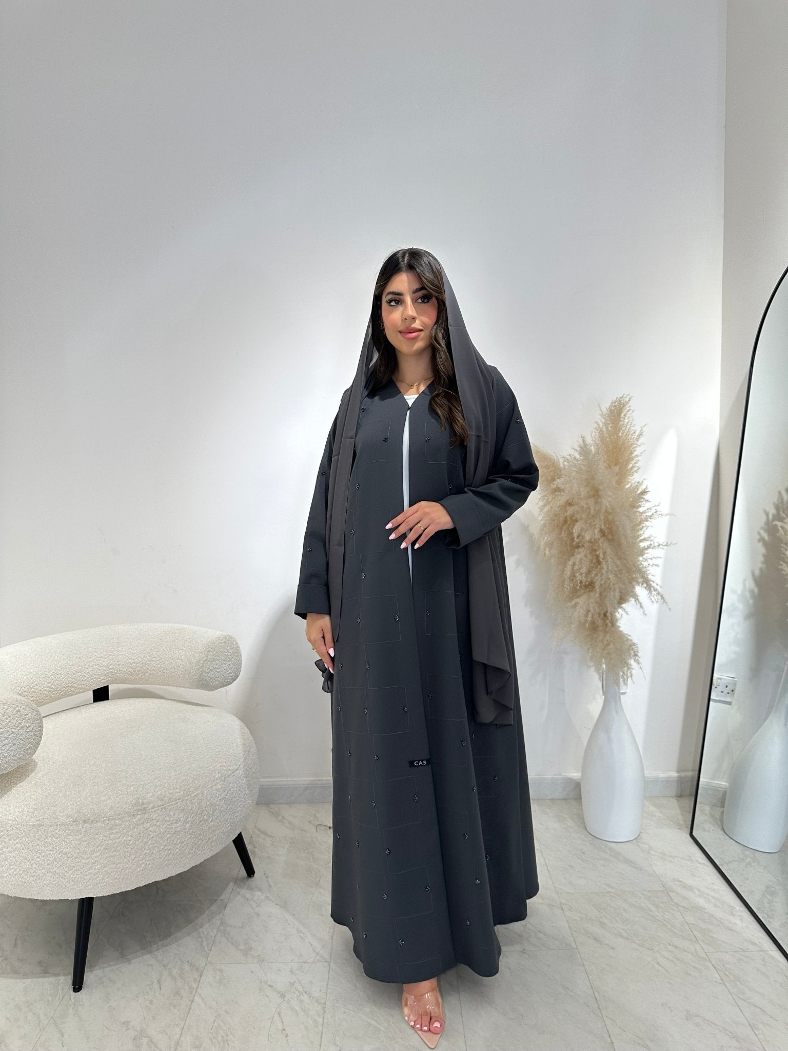 C 1402 Dark Grey Beaded Abaya