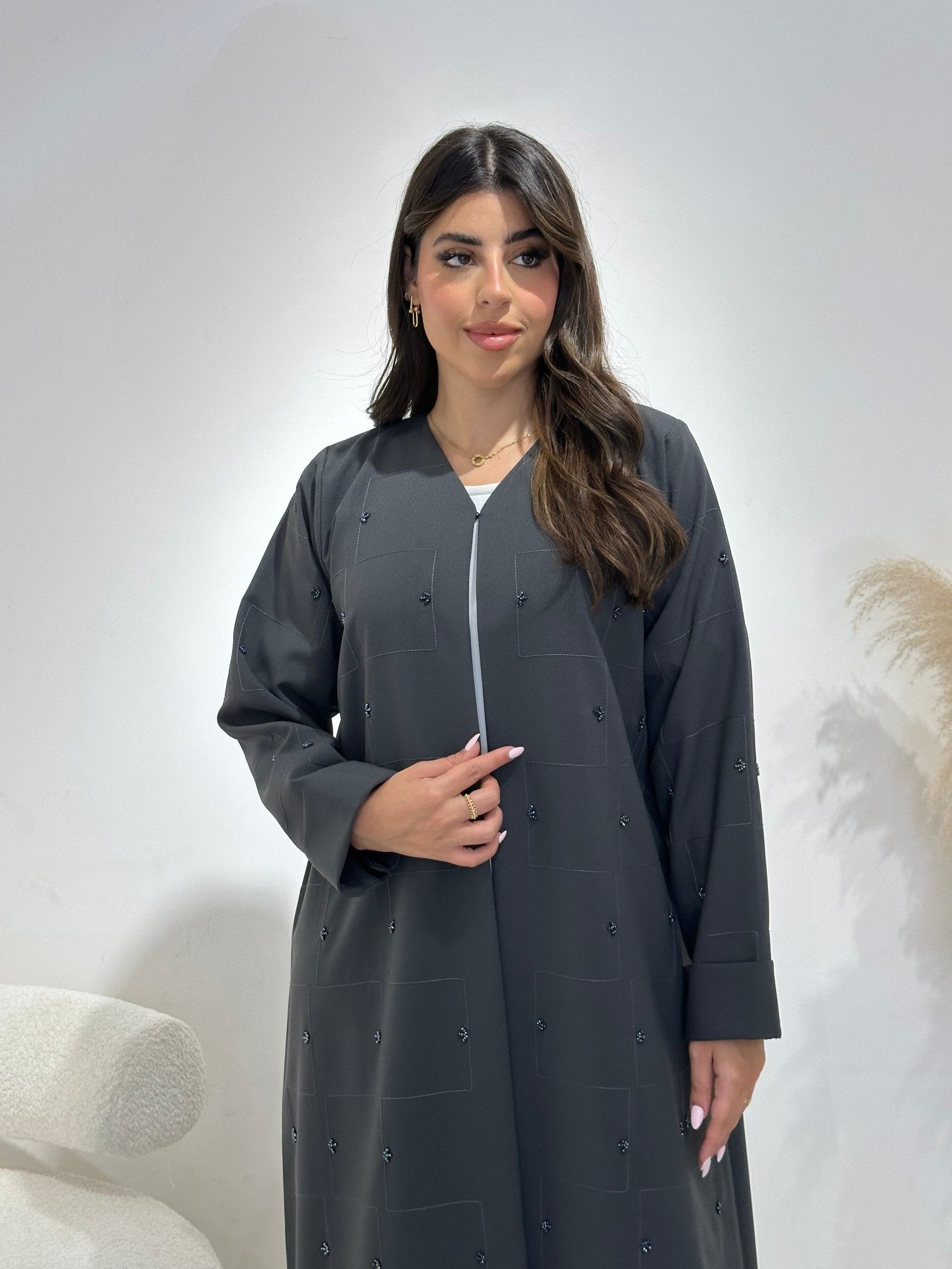 C 1402 Dark Grey Beaded Abaya