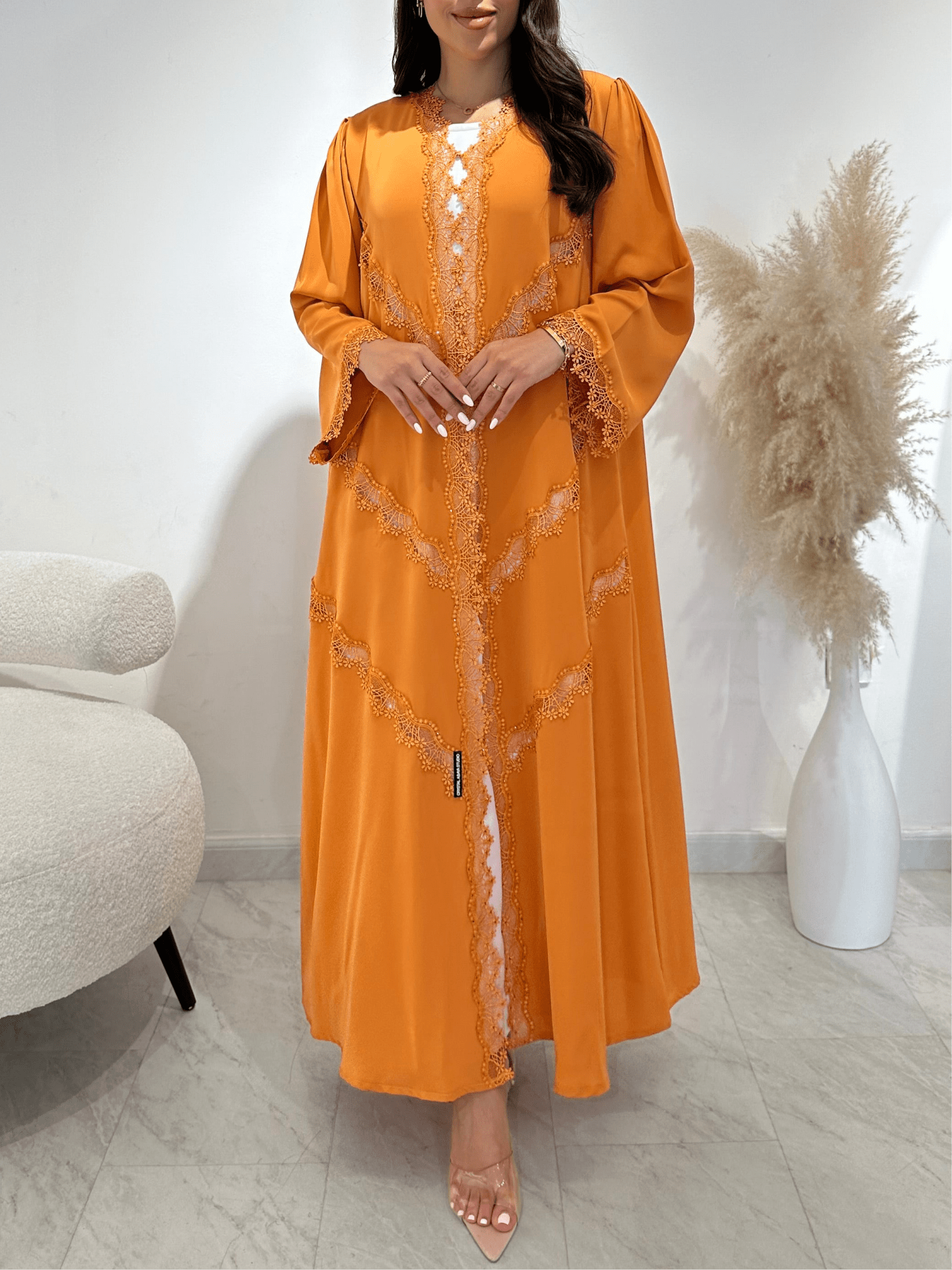 C 1408 Apricot Lace Abaya