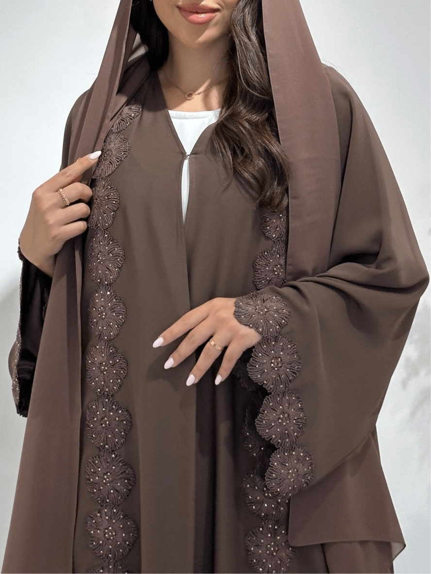 C 1412 Brown Floral Lace Abaya