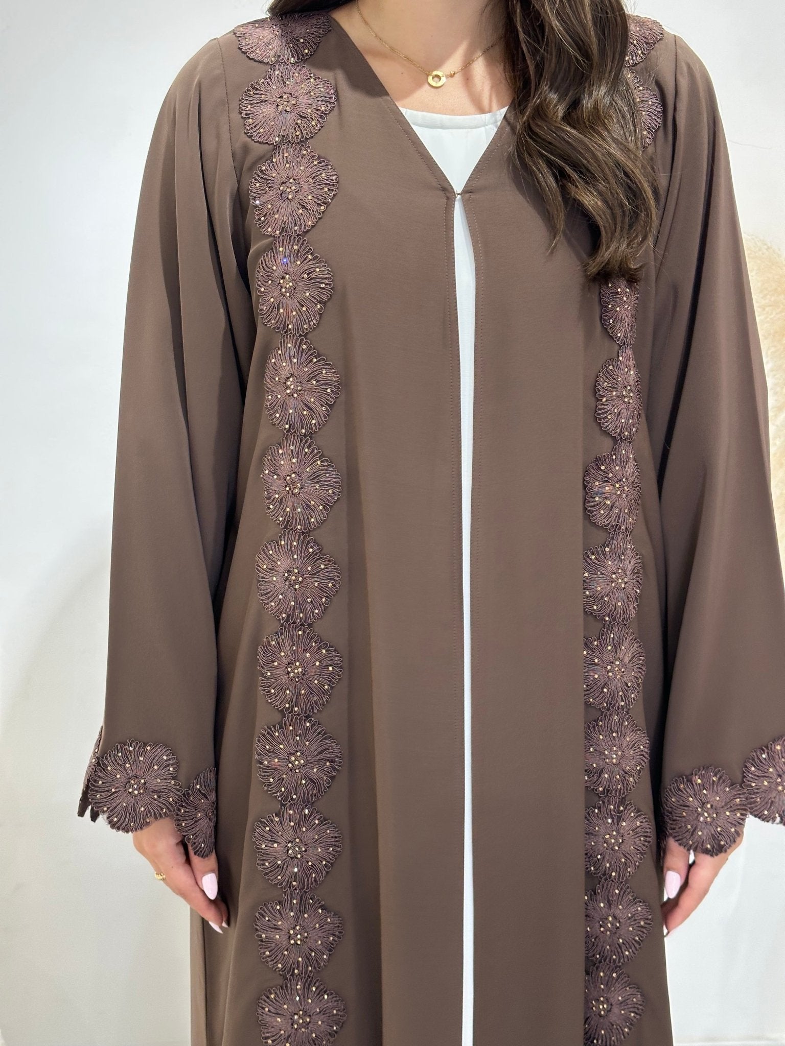 C 1412 Brown Floral Lace Abaya