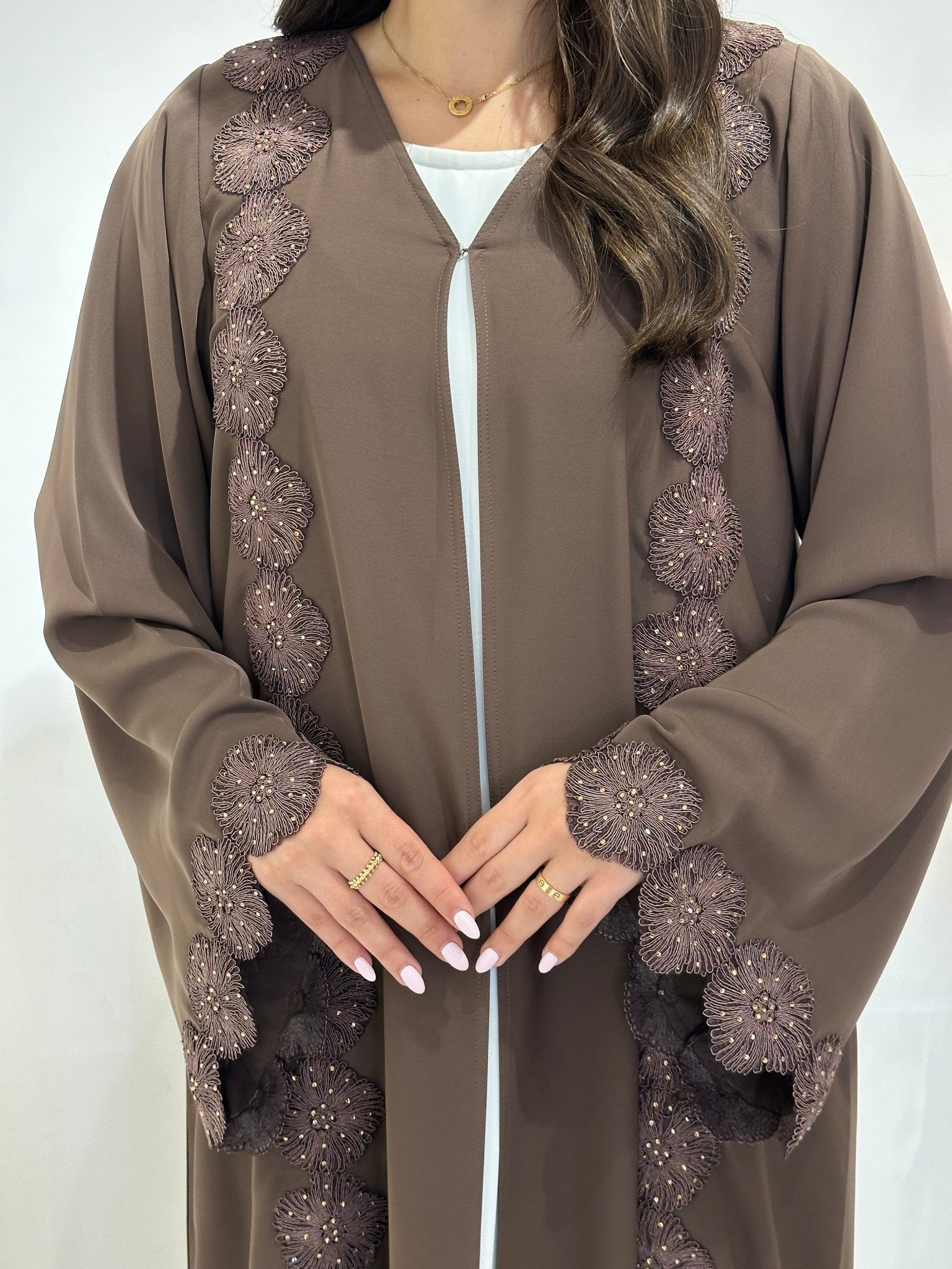 C 1412 Brown Floral Lace Abaya