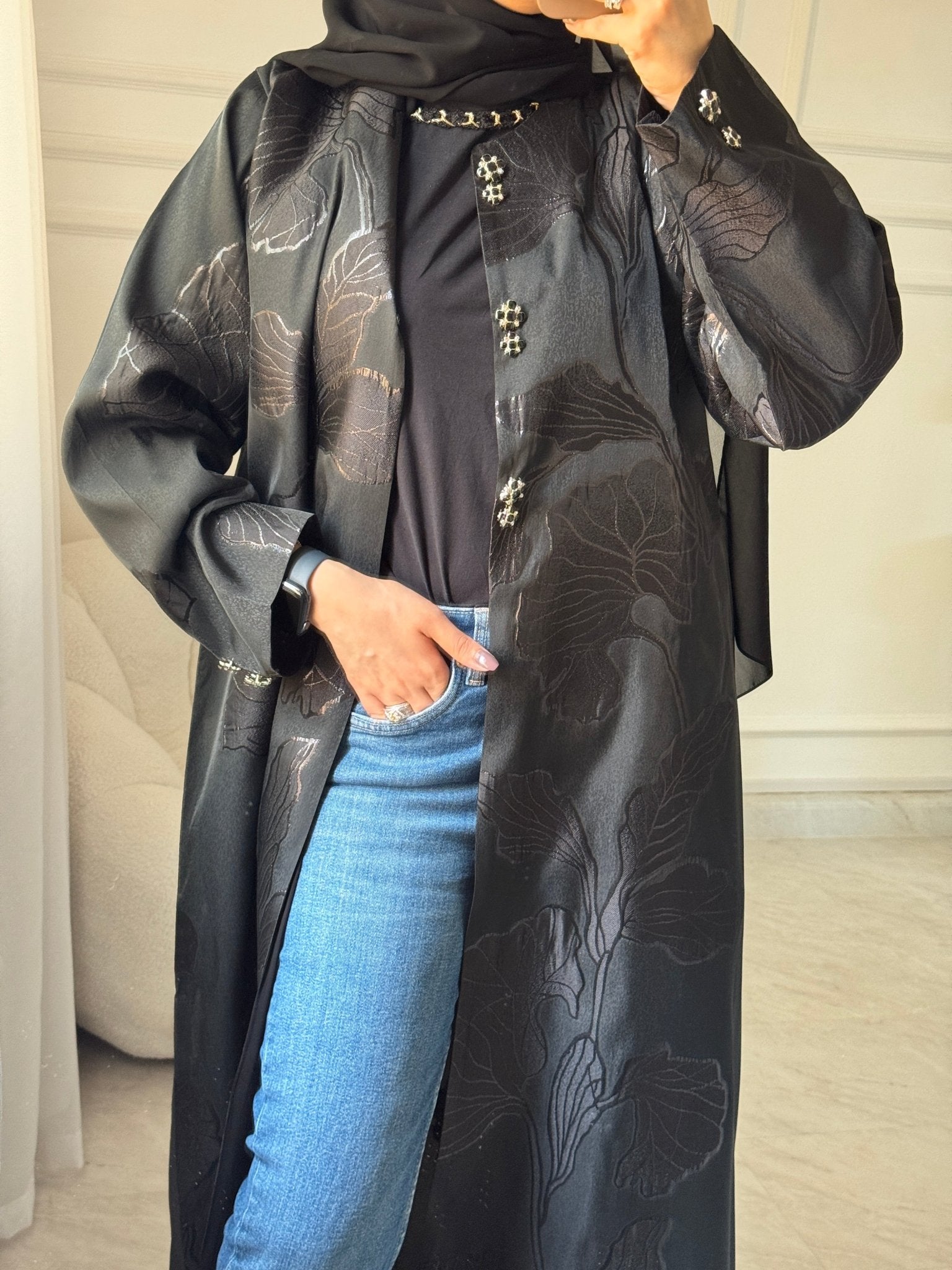 C 1452 Black Floral Printed Abaya