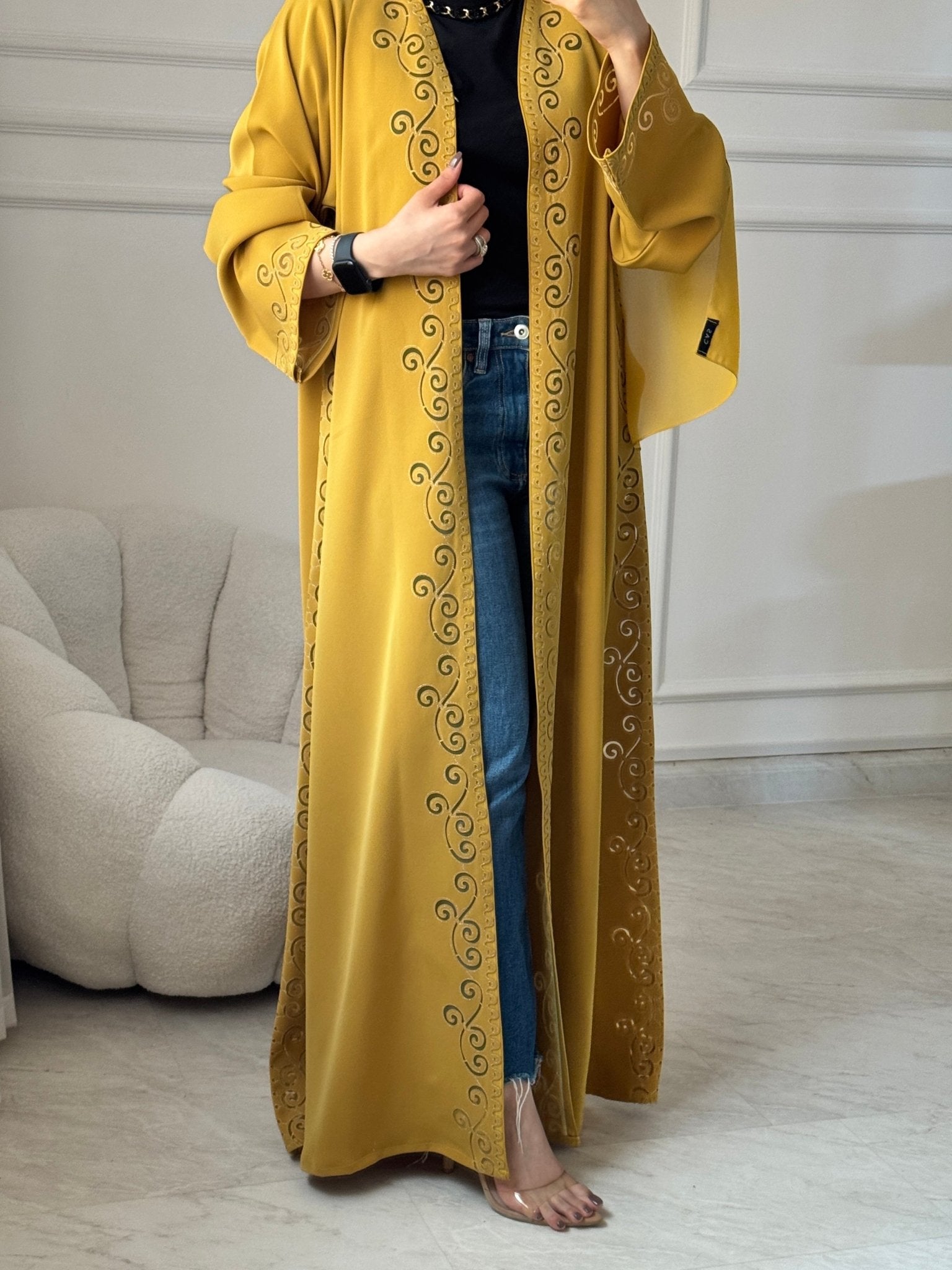 C 1456 Mustard Lasercut Abaya
