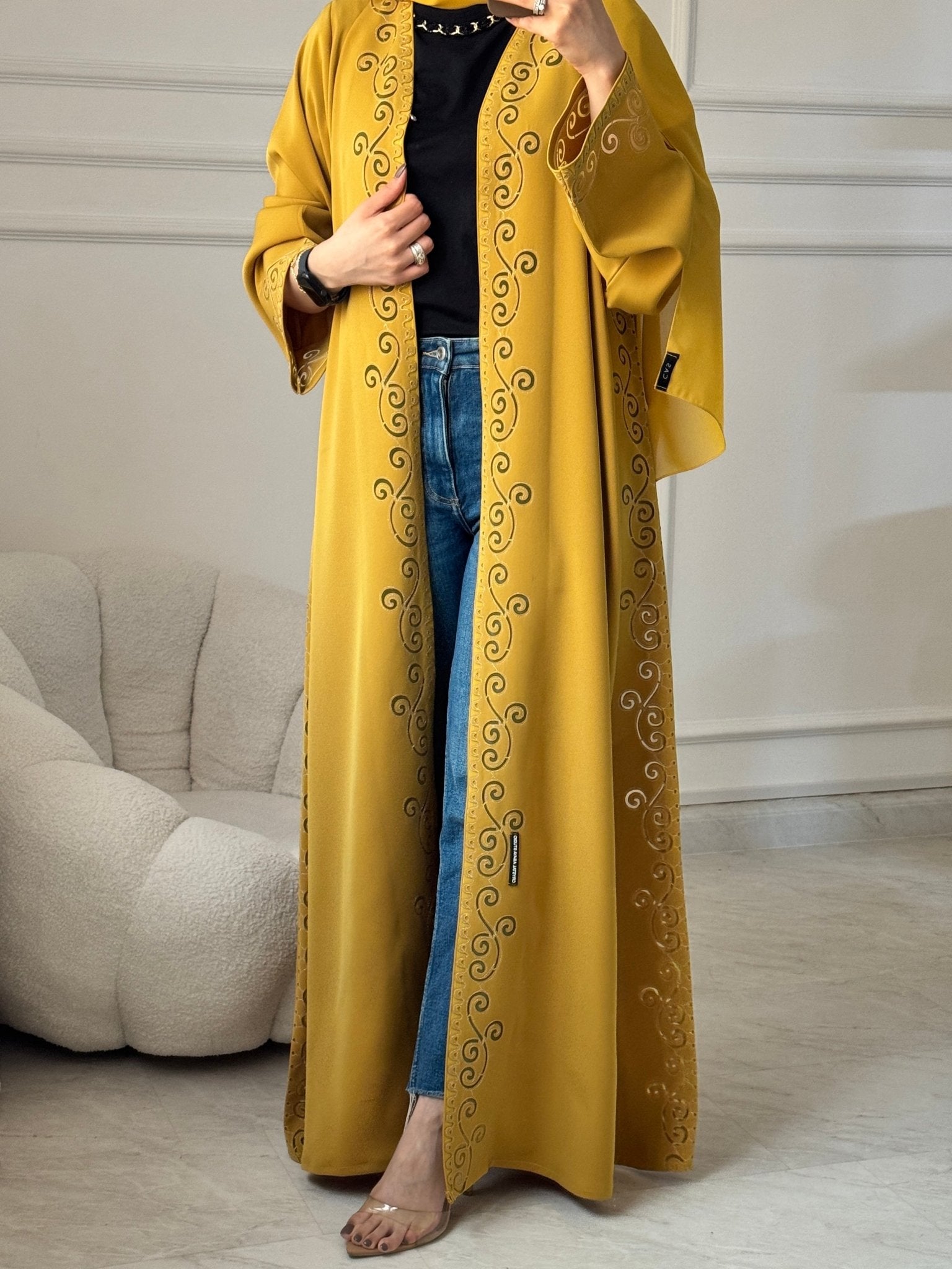 C 1456 Mustard Lasercut Abaya