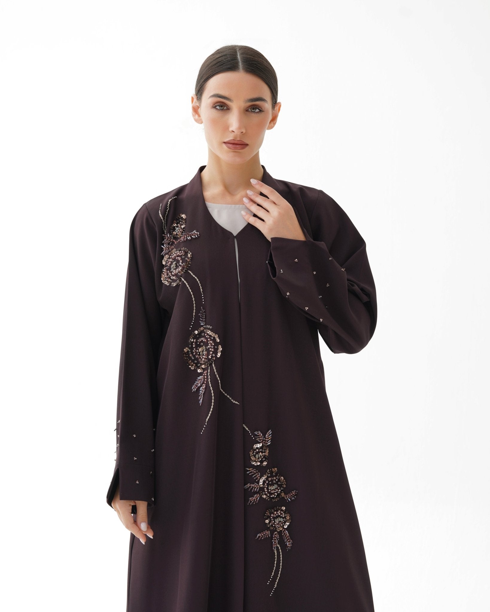 C 1478 Dark Chocolate Beaded Abaya