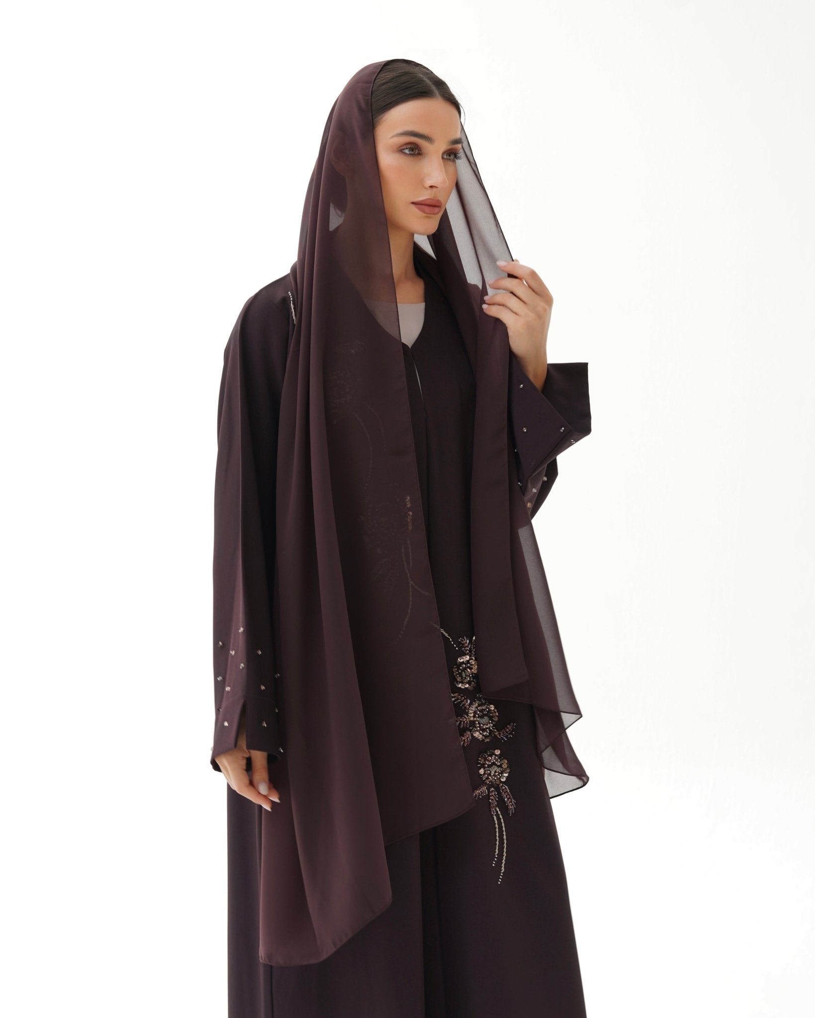 C 1478 Dark Chocolate Beaded Abaya