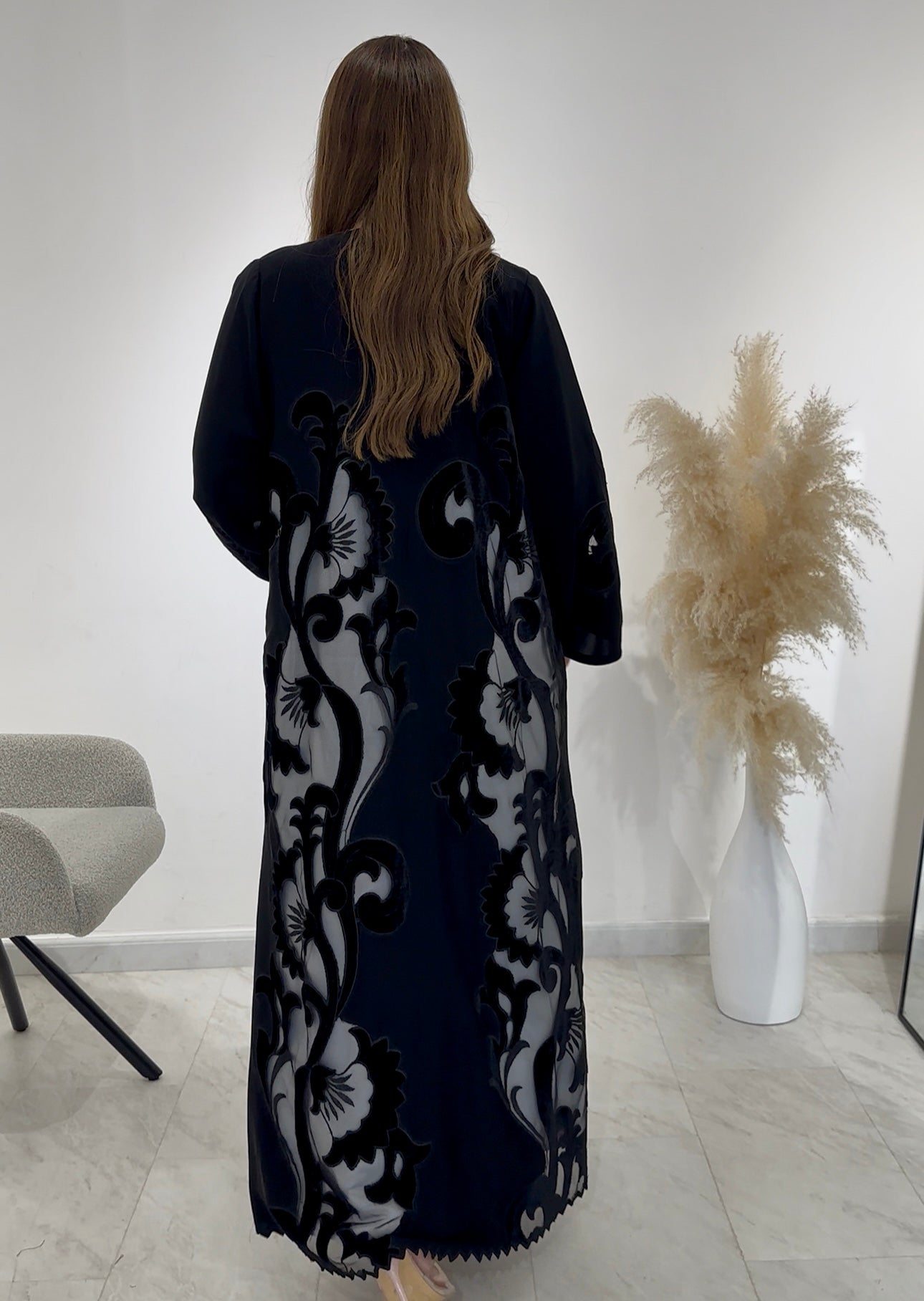 C 1485 Black Velvet Dantel Abaya