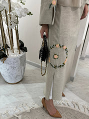 C Beige Floral Linen Embroidery Eid Abaya Set