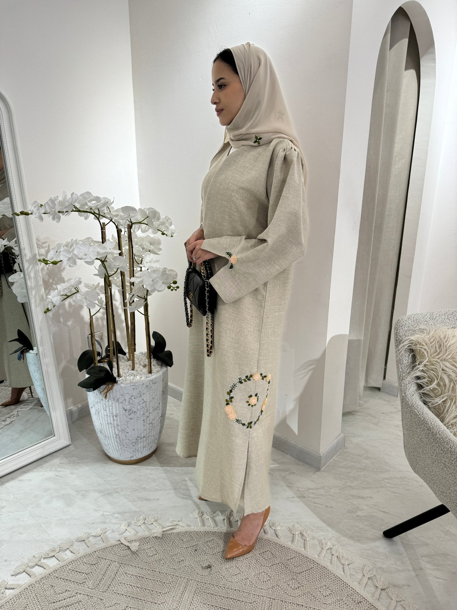 C Beige Floral Linen Embroidery Eid Abaya Set