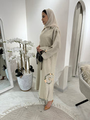 C Beige Floral Linen Embroidery Eid Abaya Set
