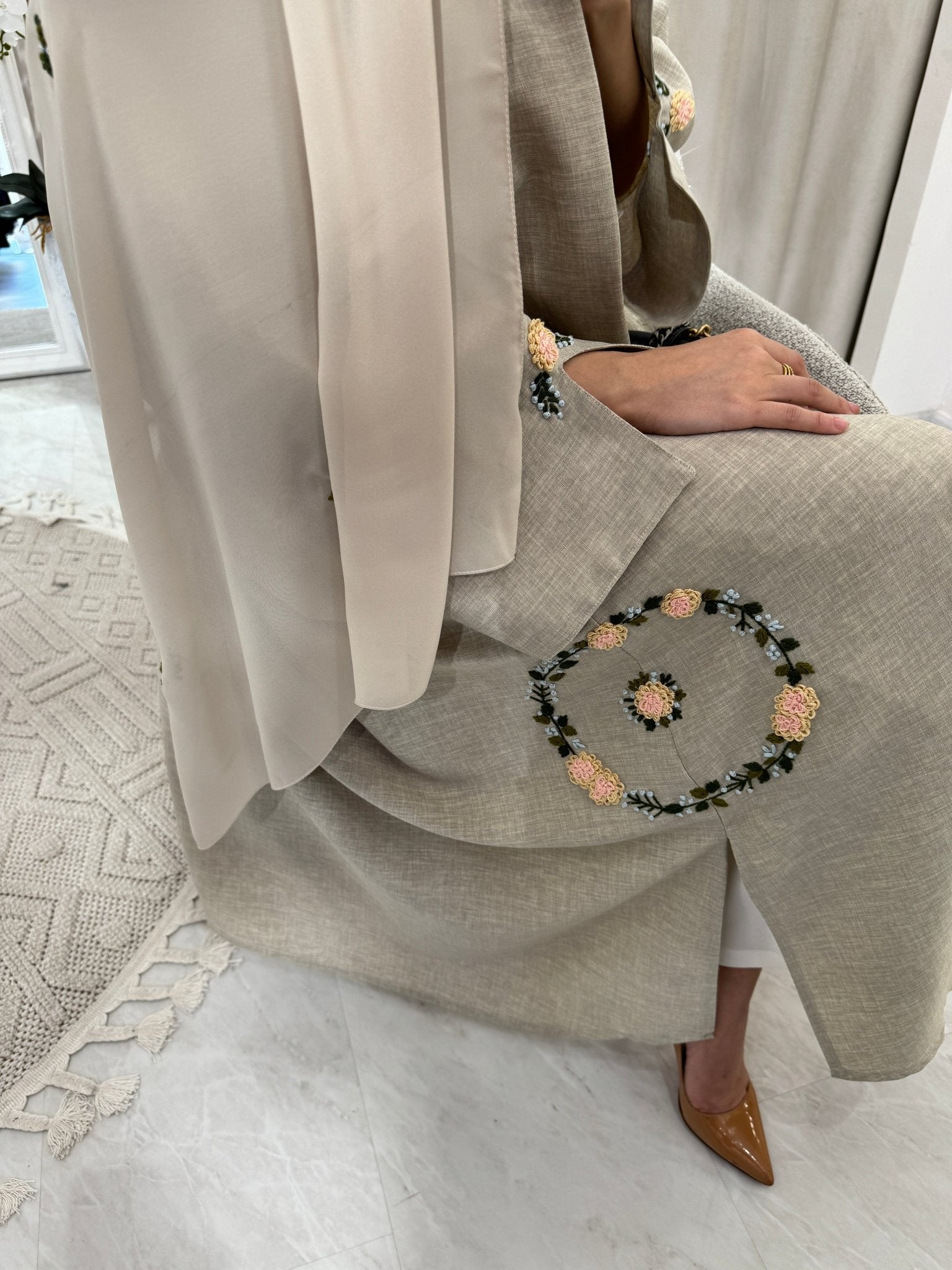 C Beige Floral Linen Embroidery Eid Abaya Set